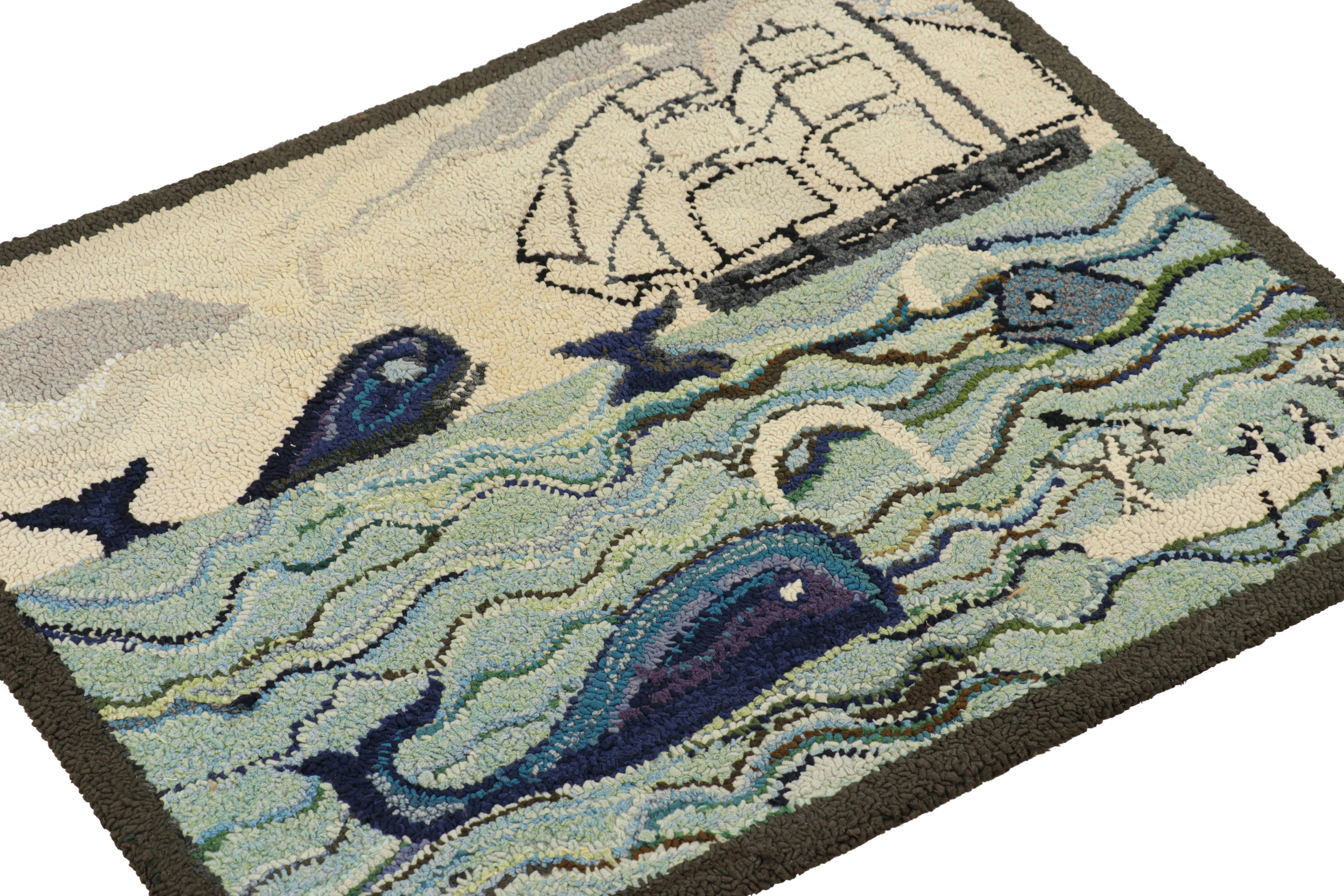 Hand-Knotted Antique Hooked Rug with Ocean Pictorials in Blue and Cream, from Rug & Kilim For Sale