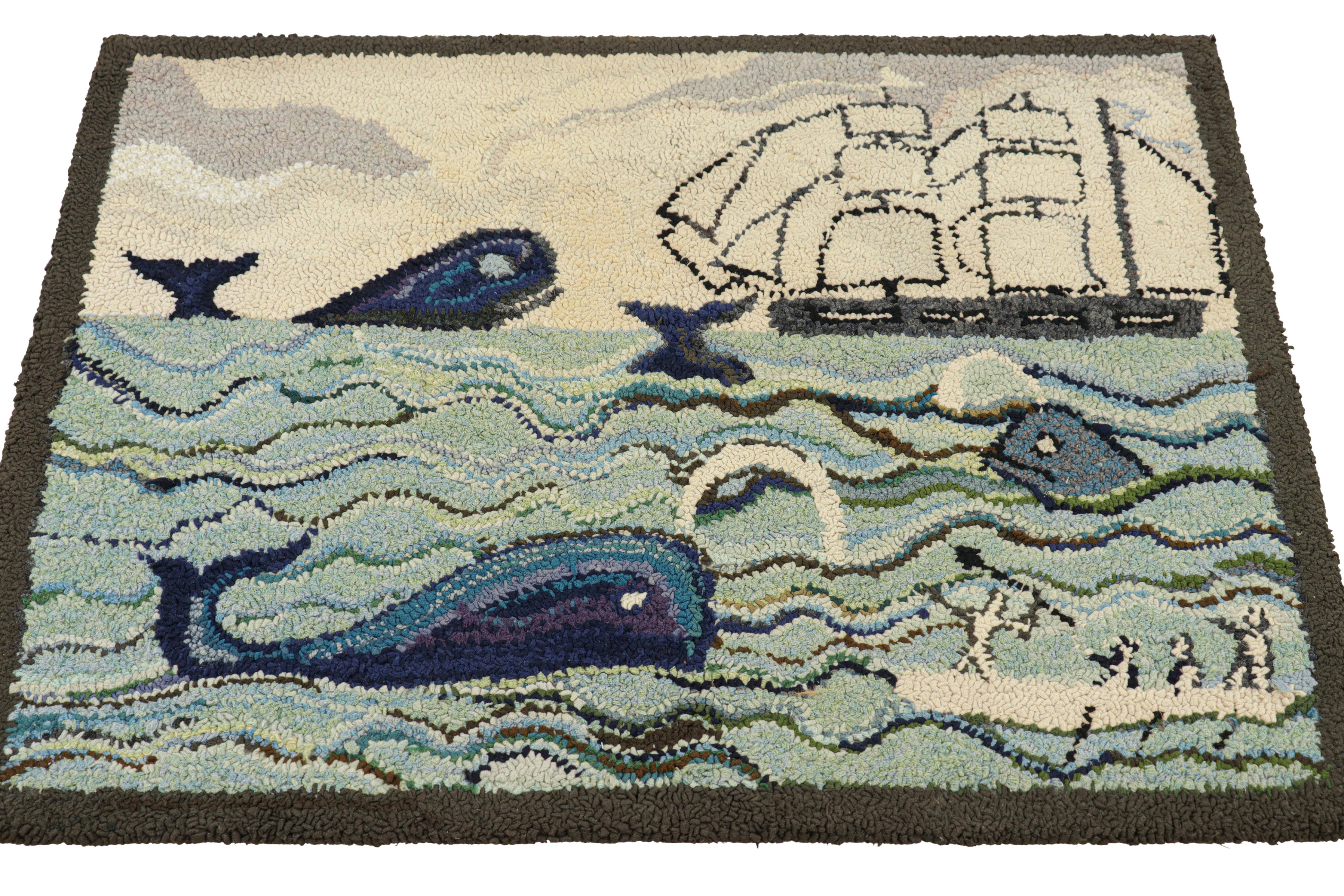 Antique Hooked Rug with Ocean Pictorials in Blue and Cream, from Rug & Kilim In Good Condition For Sale In Long Island City, NY
