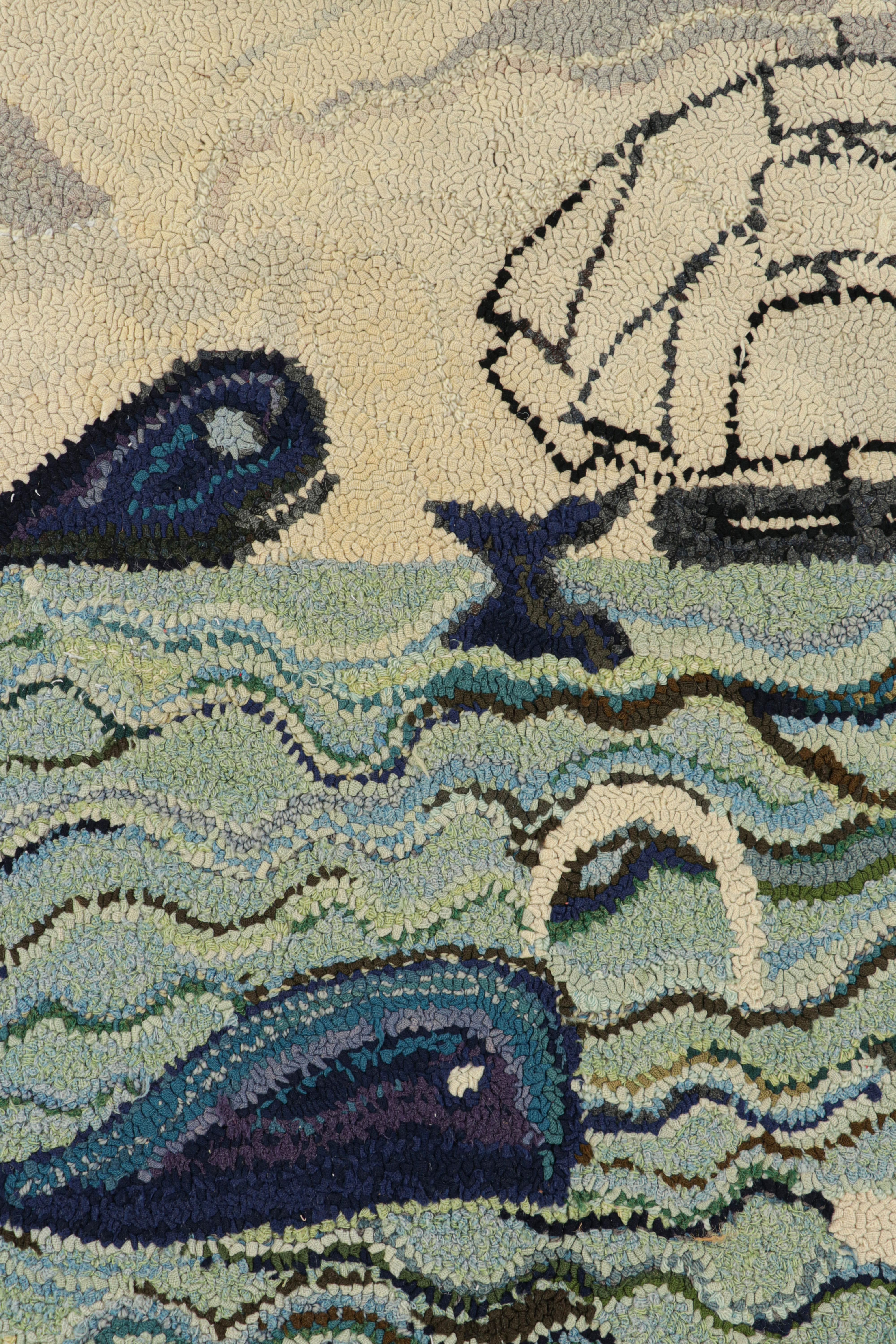 Early 20th Century Antique Hooked Rug with Ocean Pictorials in Blue and Cream, from Rug & Kilim For Sale