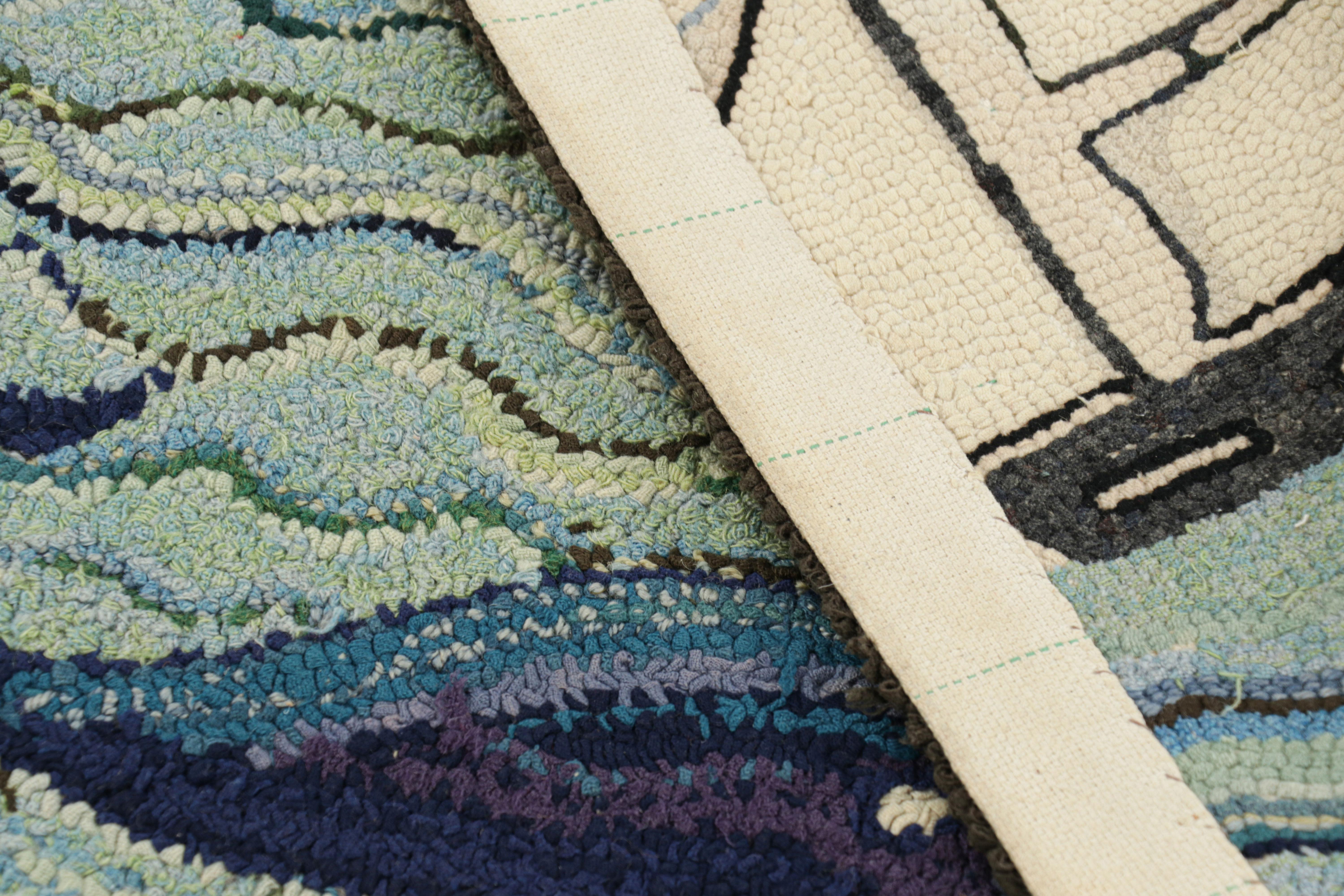 Wool Antique Hooked Rug with Ocean Pictorials in Blue and Cream, from Rug & Kilim For Sale