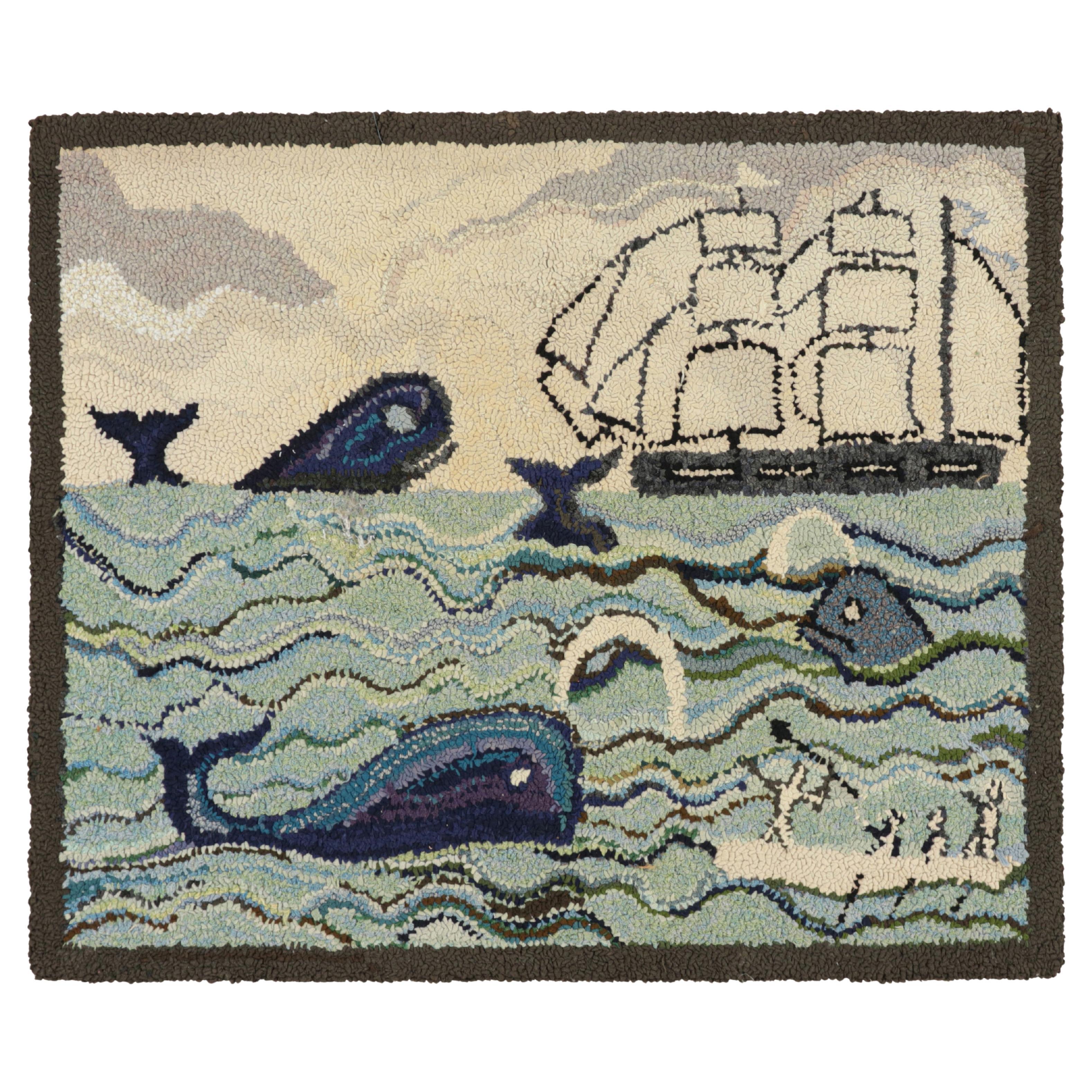 Antique Hooked Rug with Ocean Pictorials in Blue and Cream, from Rug & Kilim