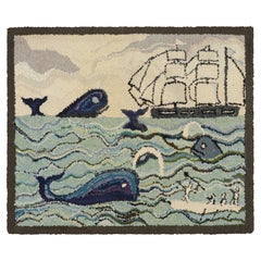 Antique Hooked Rug with Ocean Pictorials in Blue and Cream, from Rug & Kilim