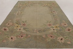 Antique Hooked Rug with Oval Medallion & Pastel Florals in Green - Rug & Kilim