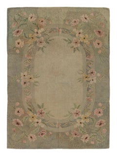 Antique Hooked Rug with Oval Medallion & Pastel Florals in Green - Rug & Kilim