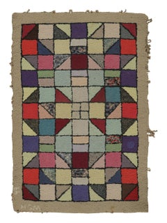 Antique Hooked Rug with Playful Geometric Grid in Multicolor - Rug & Kilim