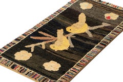 Antique Framed Hooked Rug, Brown with Yellow Bird Pictorials - Rug & Kilim