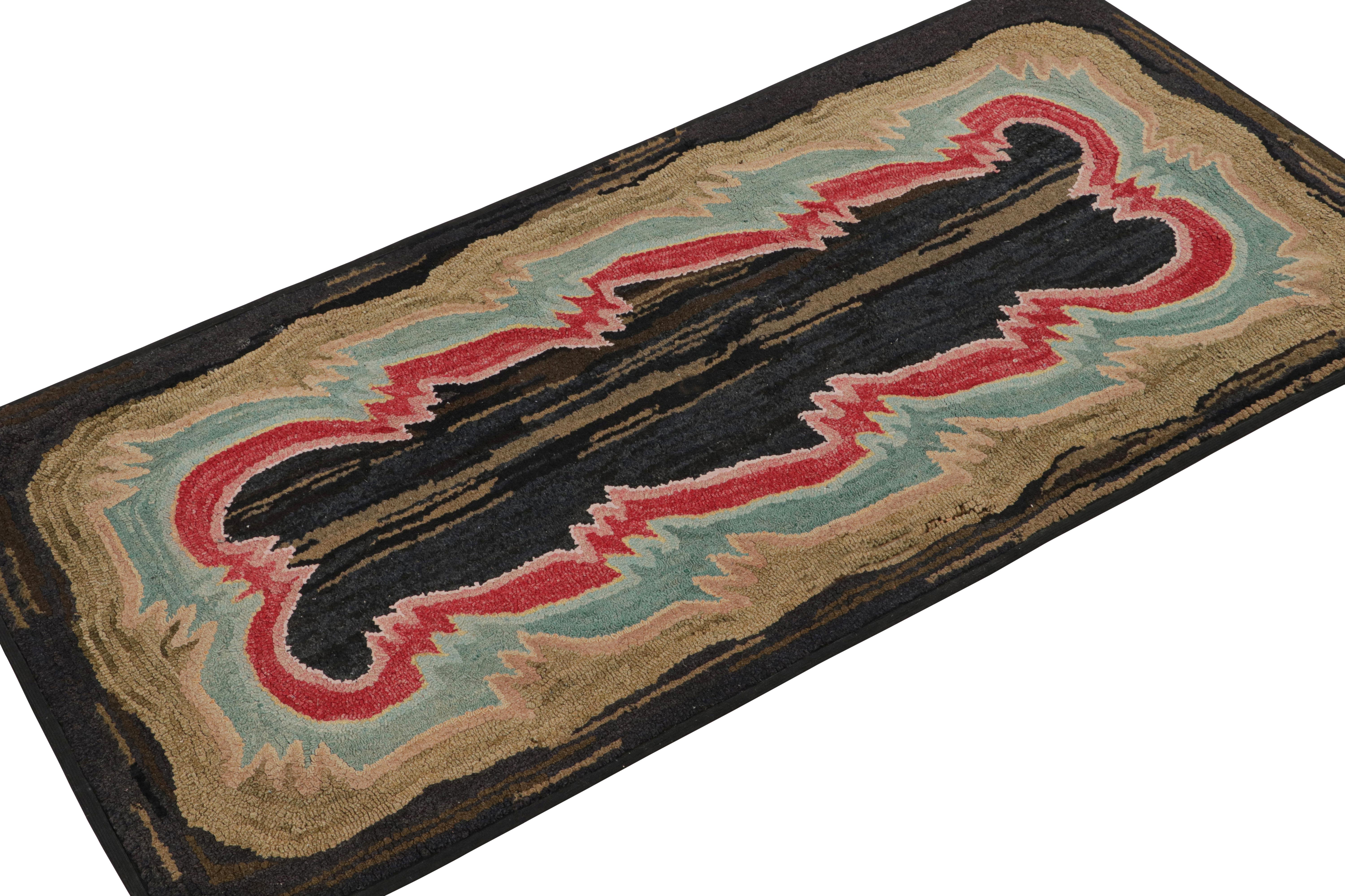 A rare 2x4 antique hooked rug of United States provenance, handmade in wool and fabric circa 1920-1930. 

On the Design: 

This collectible piece enjoys layered geometric borders in bright colors against rich brown and dark blue tones. Admirers of
