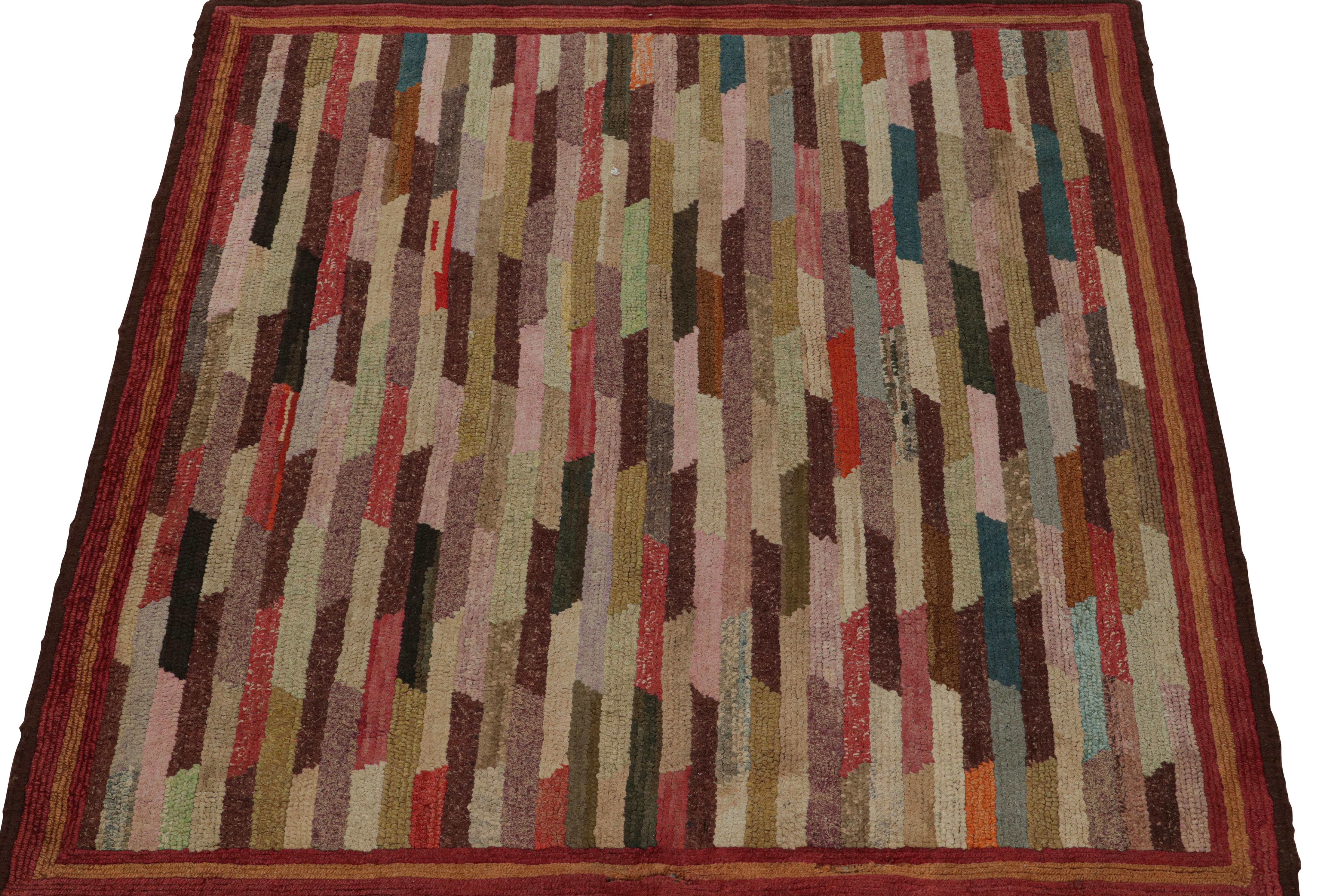A rare 3x3 antique hooked square rug of United States provenance, handmade in wool and fabric circa 1920-1930, featuring polychromatic geometric patterns. 

On the Design: 

This collectible piece enjoys geometric patterns in polychromatic colorway