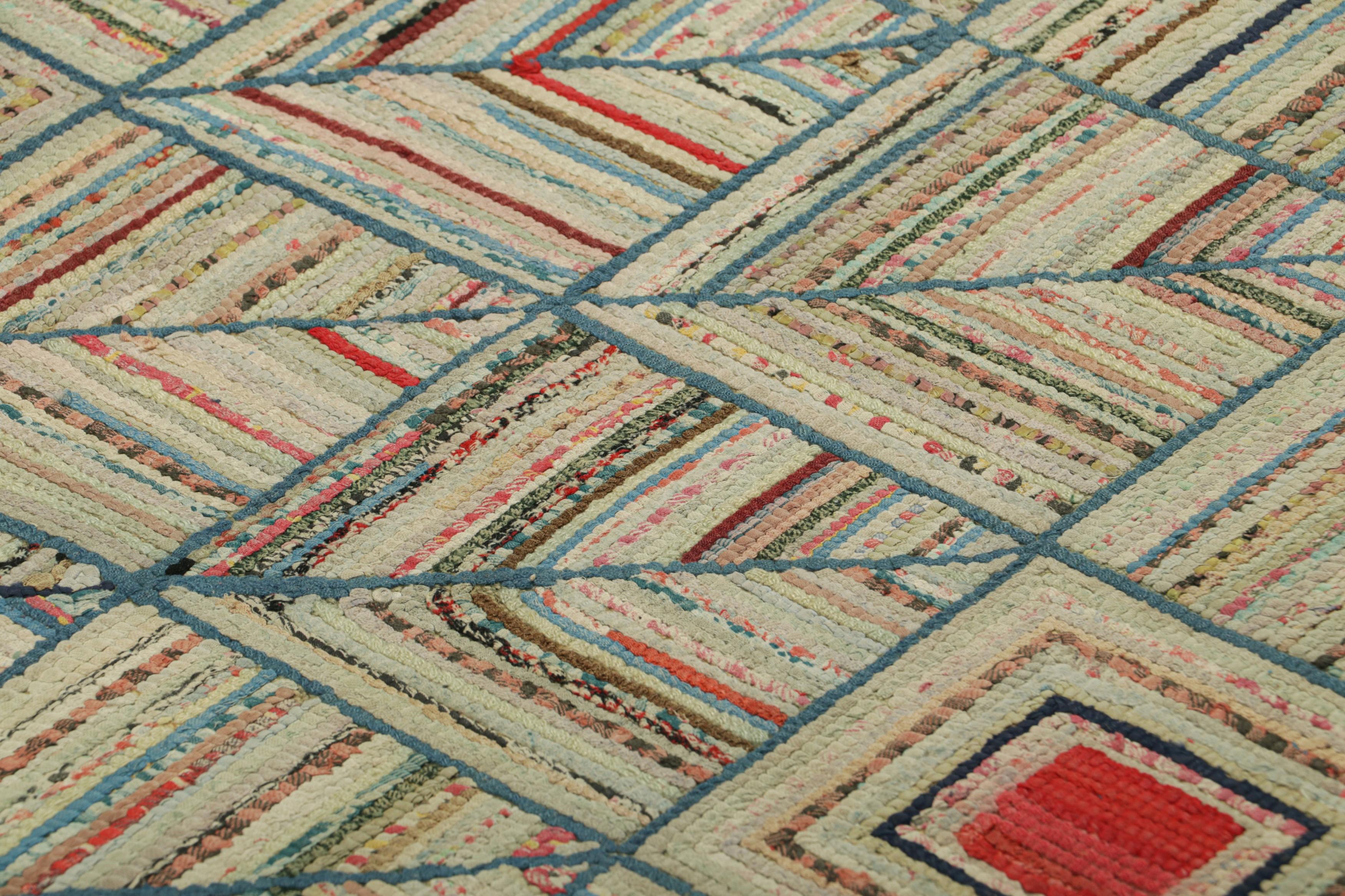 Handmade in wool and originating circa 1920-1930, this 3x3 rug is a rare and exciting new curation in Rug & Kilim’s collection of antique hooked rugs.

On the Design: 

This collectible piece enjoys geometric patterns in the field in play of