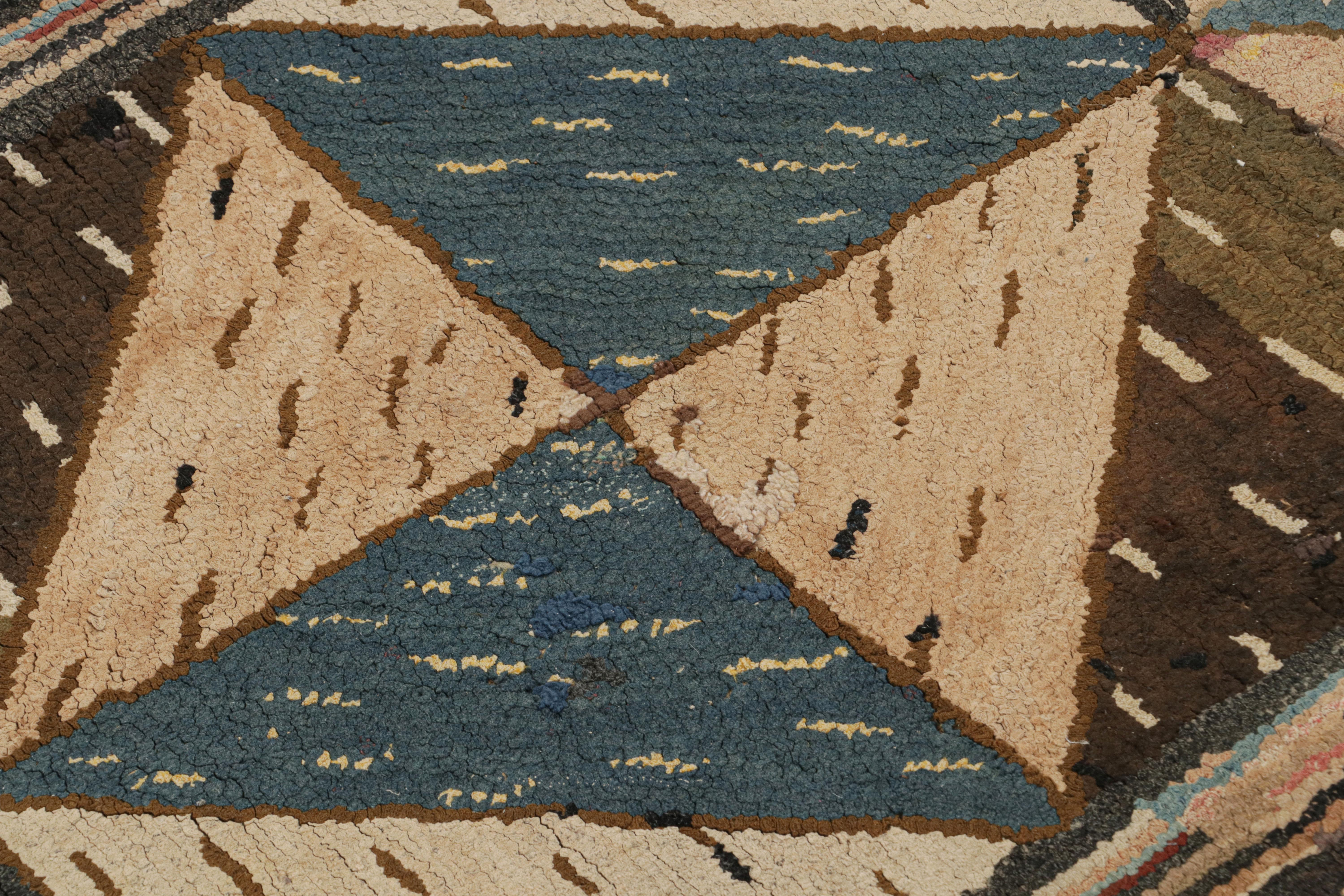 Hand-Knotted Antique Hooked Rug with Polychromatic Geometric Patterns, from Rug & Kilim