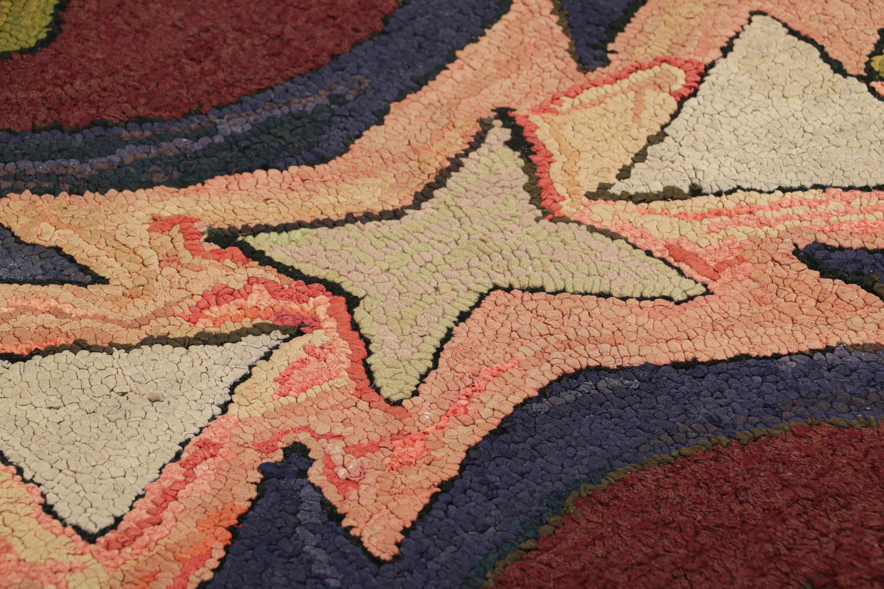 Handmade in wool and originating circa 1920-1930, this 2x3 antique rug is a rare and exciting new curation in Rug & Kilim’s collection of American hooked rugs.

On the Design: 

This collectible piece features geometric patterns in a colorway