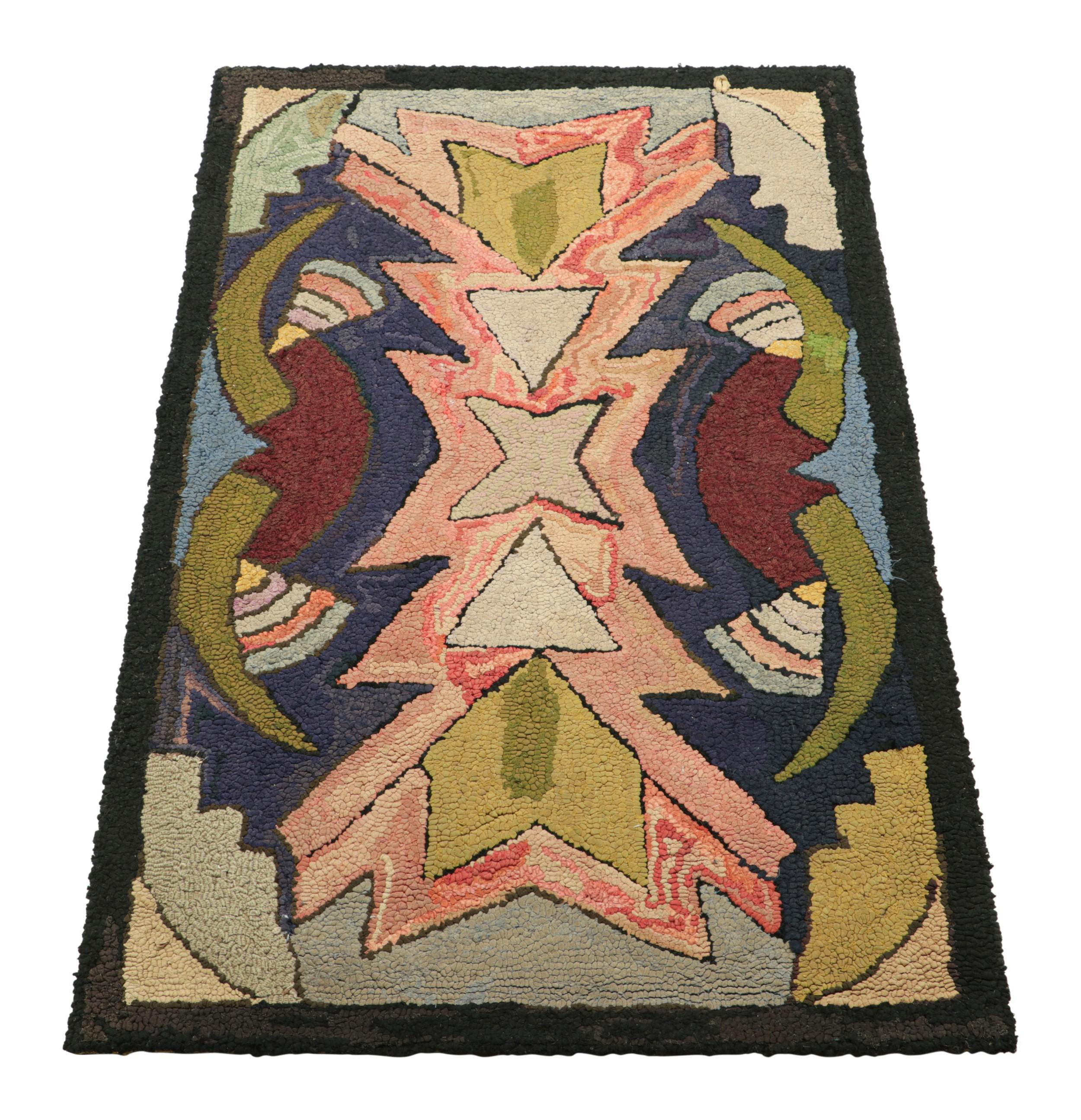 Antique Hooked Rug with Polychromatic Geometric Patterns  Rug & Kilim In Good Condition For Sale In Long Island City, NY