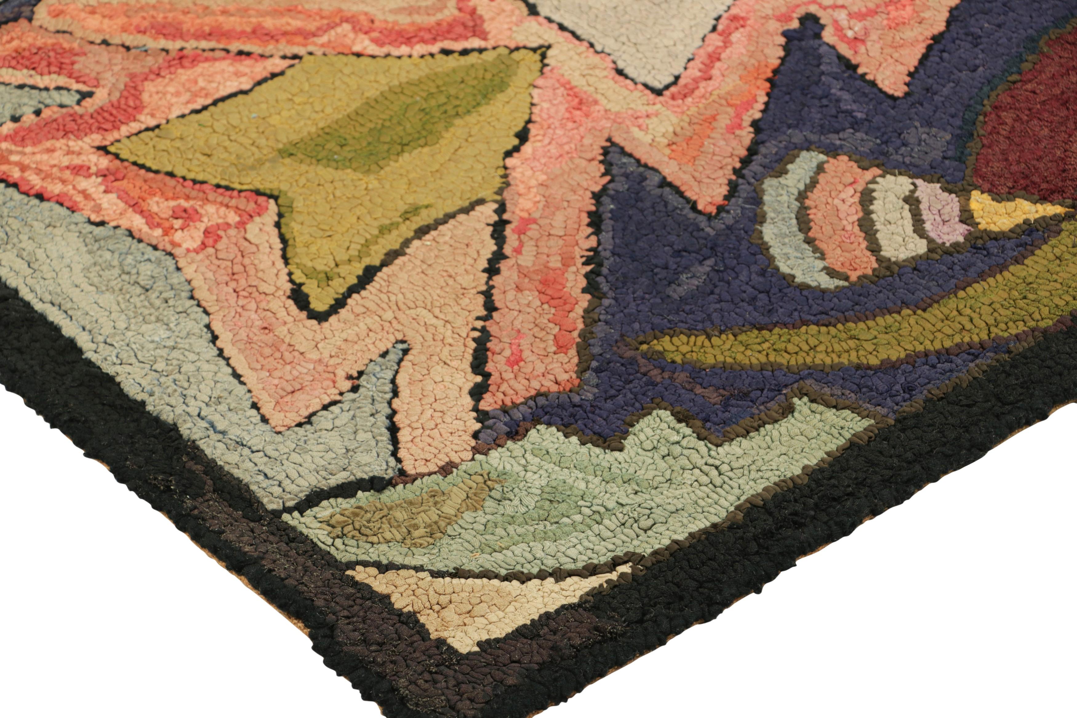 Early 20th Century Antique Hooked Rug with Polychromatic Geometric Patterns  Rug & Kilim For Sale