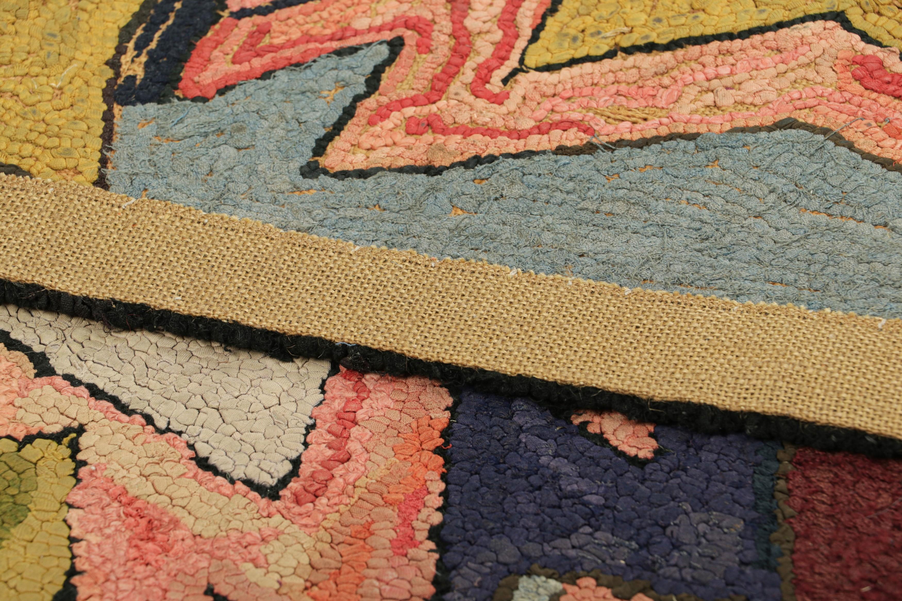 Wool Antique Hooked Rug with Polychromatic Geometric Patterns  Rug & Kilim For Sale