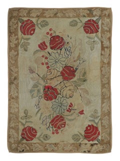 Antique Hooked Rug with Rose Bouquet Medallion & Vine Border - Rug & Kilim