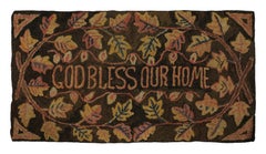 Antique Hooked Runner “God Bless Our Home” Quote in Beige & Brown - Rug & Kilm
