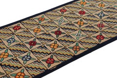 Antique Hooked Runner in Brown with Floral Patterns & Chevrons  Rug & Kilim
