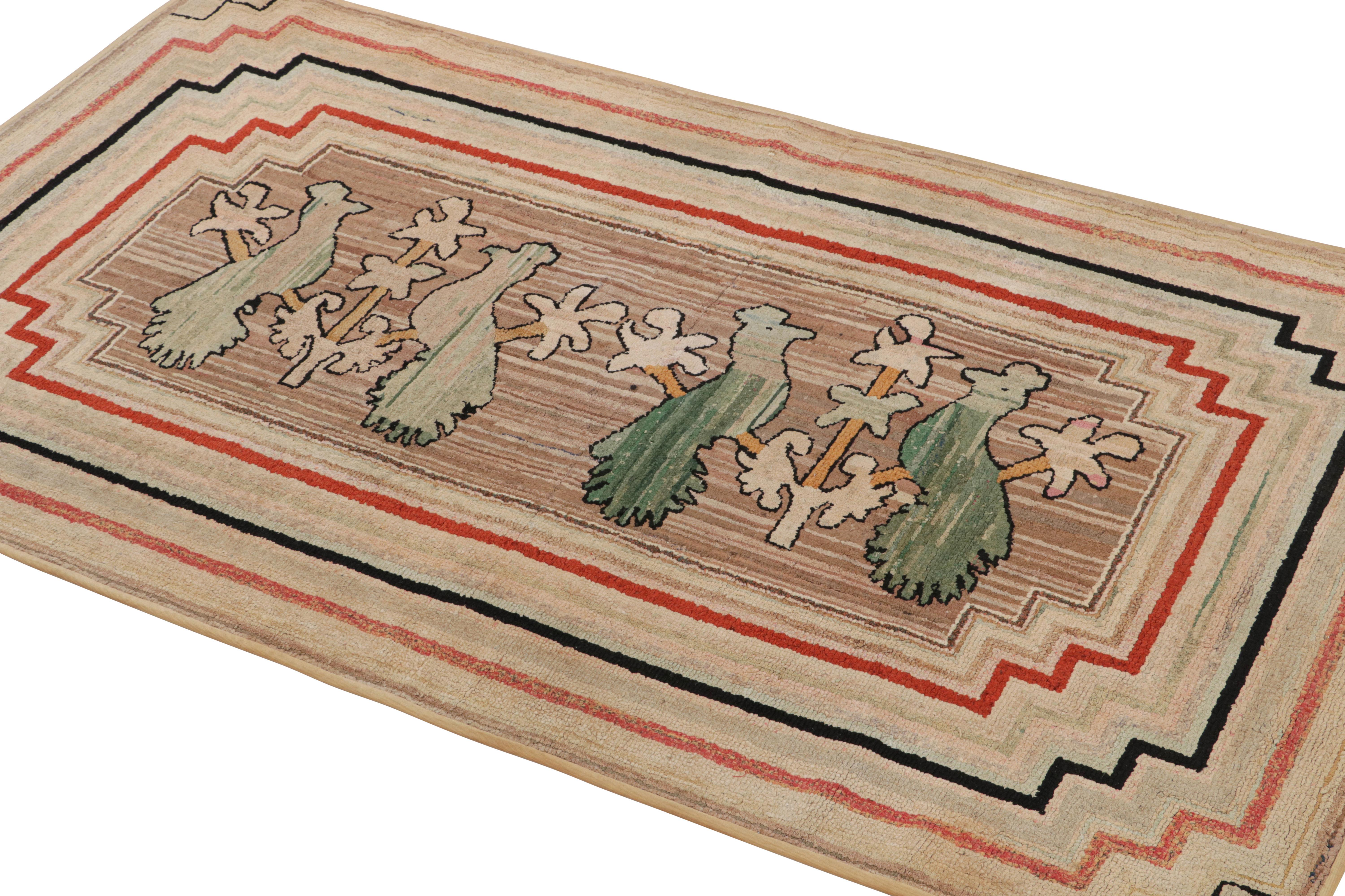 A rare 3x6 antique hooked rug in brown, of United States’ provenance, handmade in wool and fabric circa 1920-1930 with pictorials and geometric borders.

On the Design: 

This particular piece enjoys bird pictorials, almost like roosters, in green