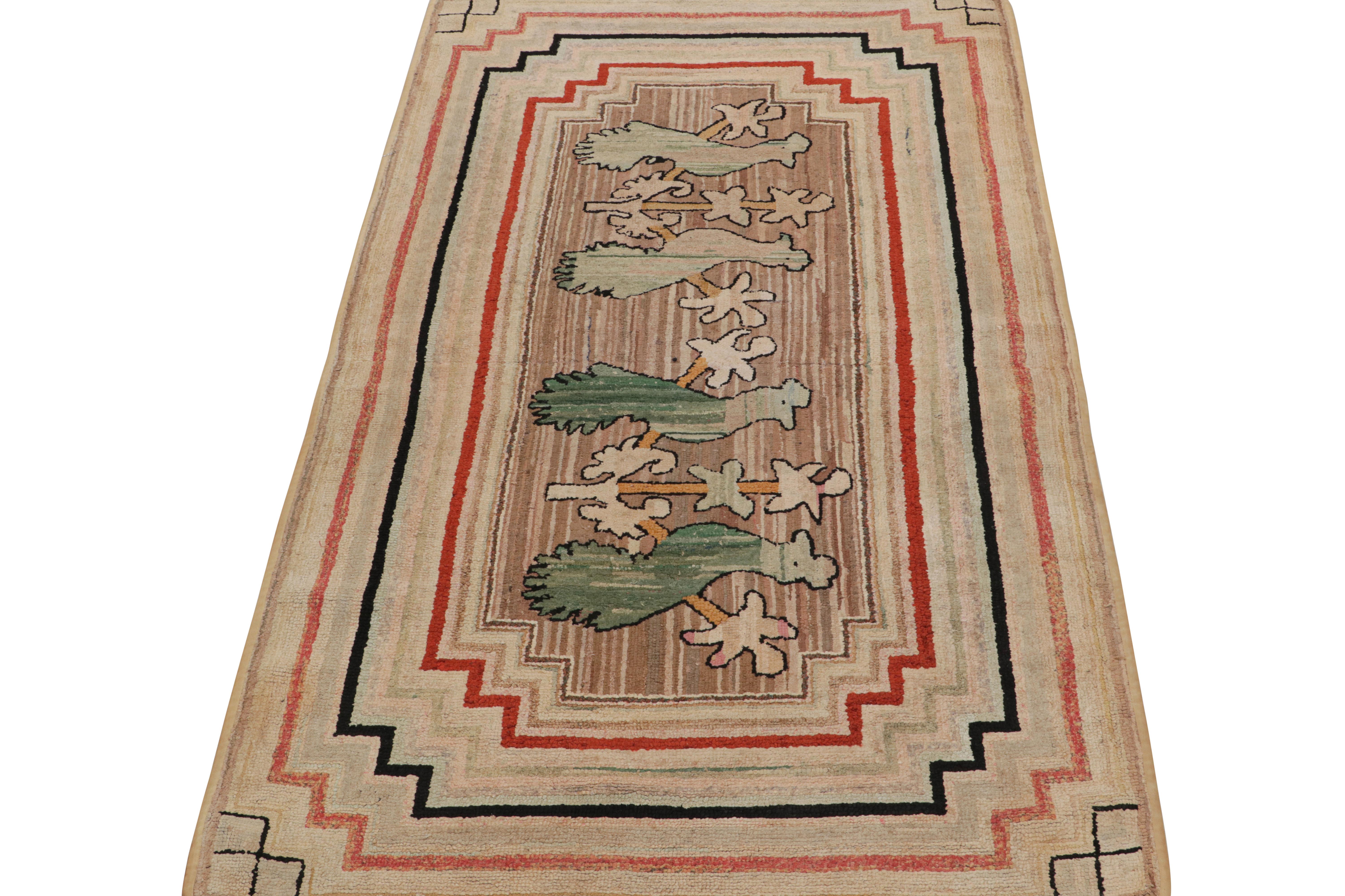 American Antique Hooked Runner Rug in Beige with Green Bird Pictorials, from Rug & Kilim