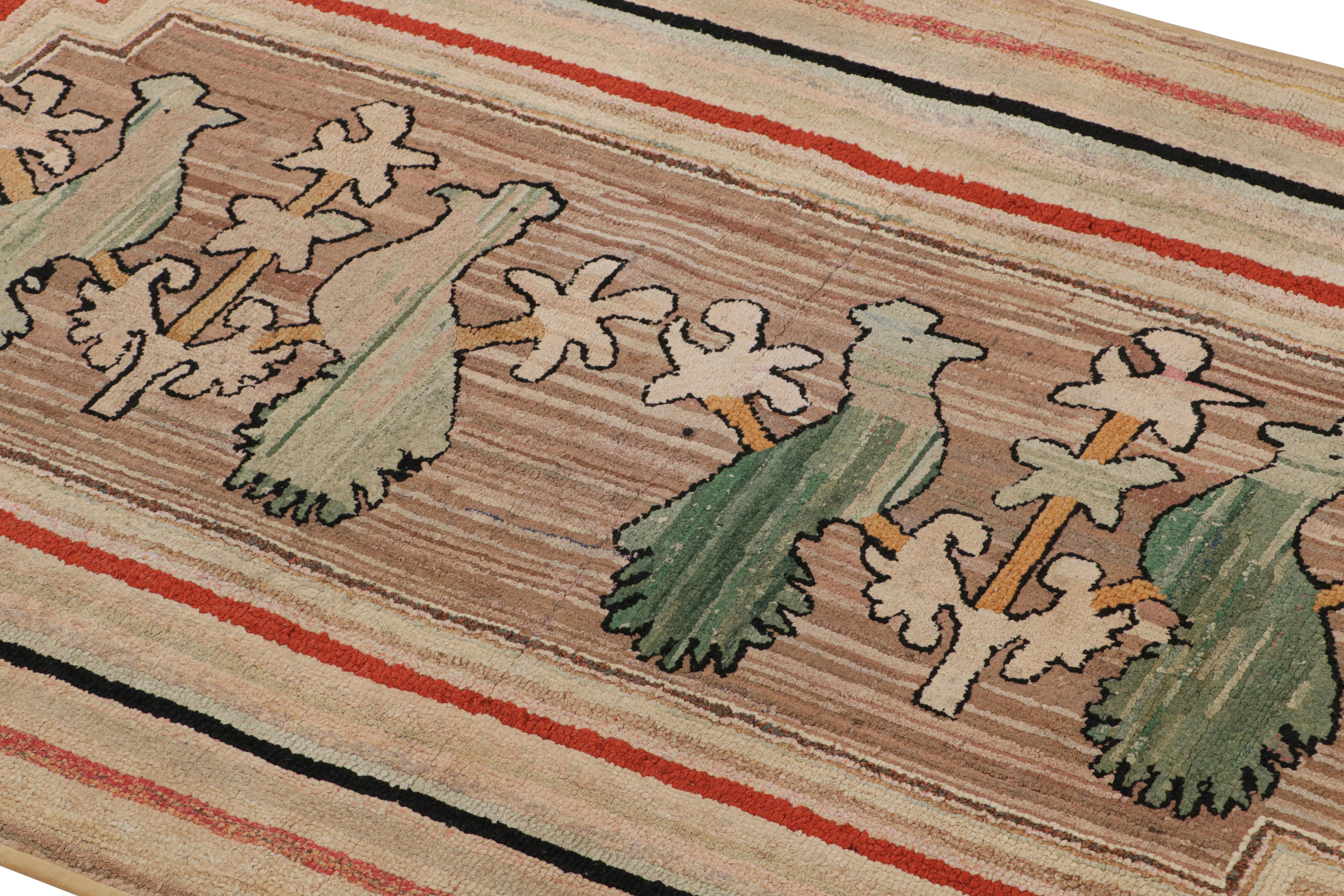 Hand-Knotted Antique Hooked Runner Rug in Beige with Green Bird Pictorials, from Rug & Kilim