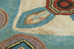 Antique Hooked Runner Rug in Blue with Geometric Medallions  Rug & Kilim