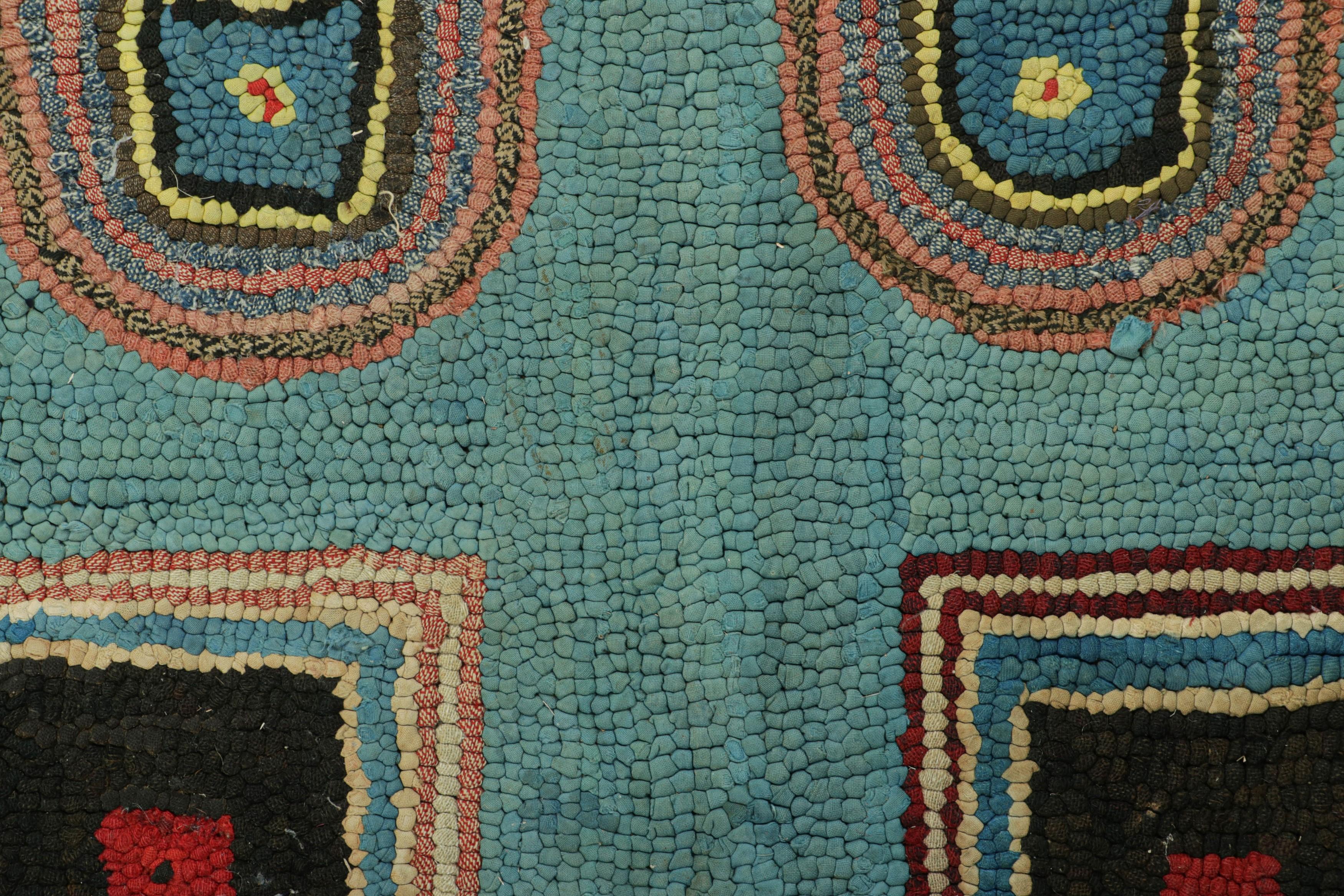 American Antique Hooked Runner Rug in Blue with Geometric Medallions  Rug & Kilim