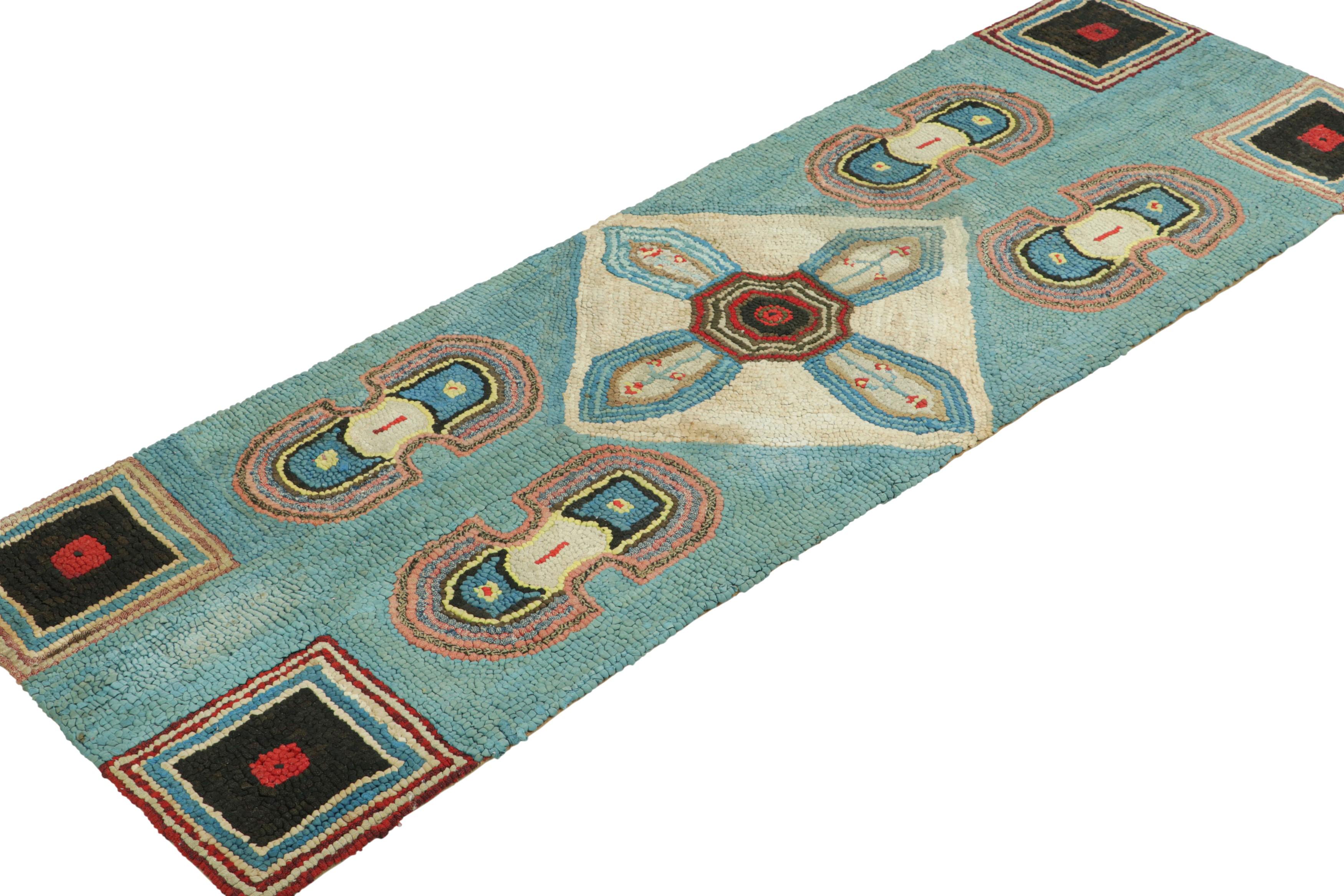 Hand-Knotted Antique Hooked Runner Rug in Blue with Geometric Medallions  Rug & Kilim