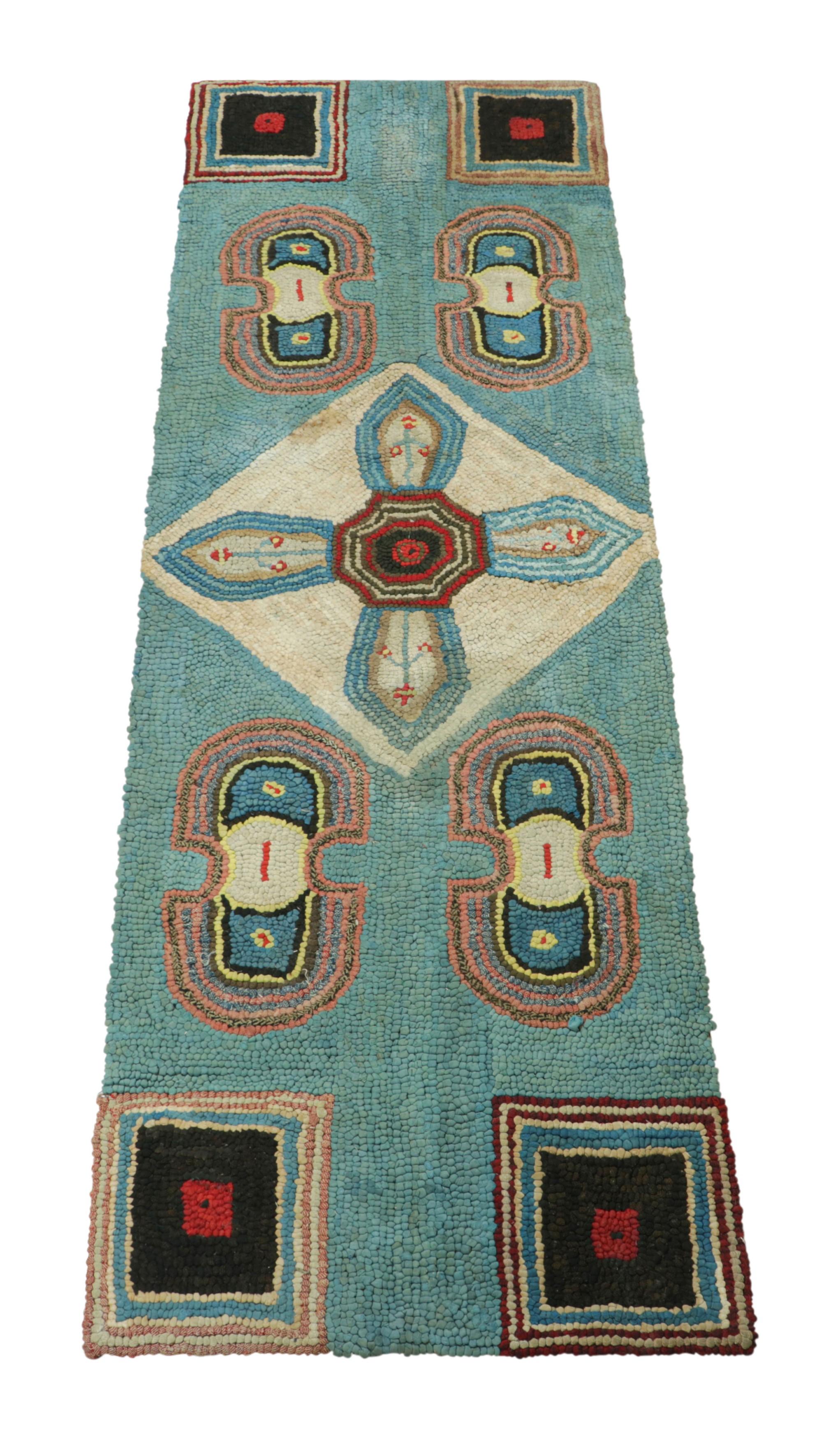 Antique Hooked Runner Rug in Blue with Geometric Medallions  Rug & Kilim In Good Condition In Long Island City, NY