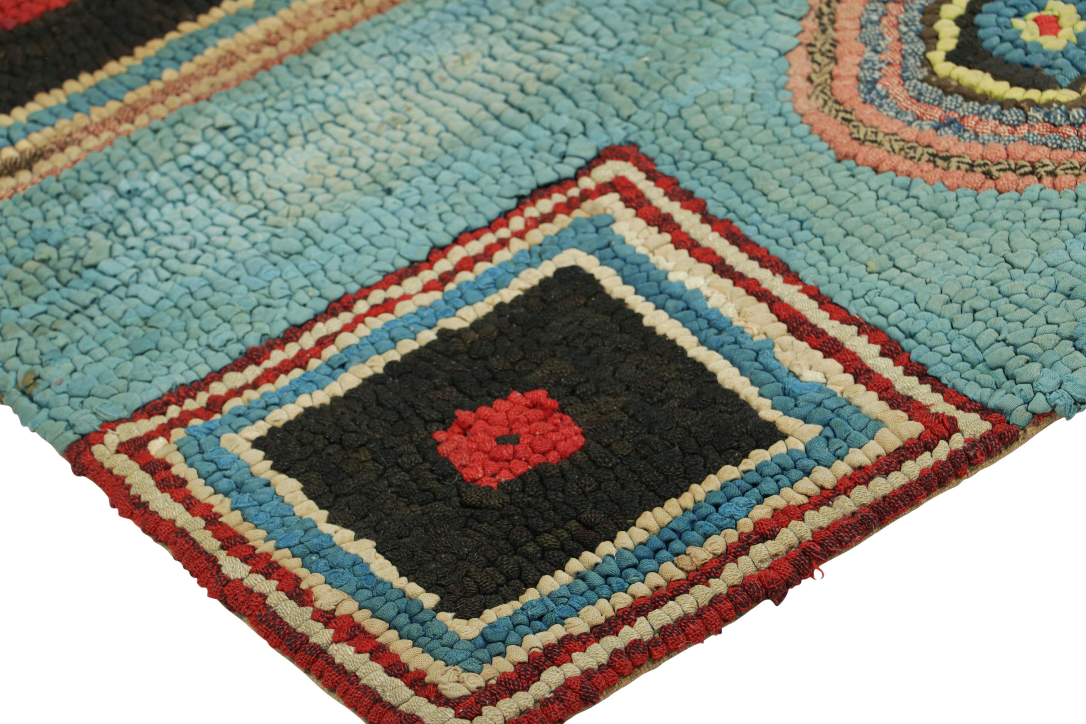 Early 20th Century Antique Hooked Runner Rug in Blue with Geometric Medallions  Rug & Kilim