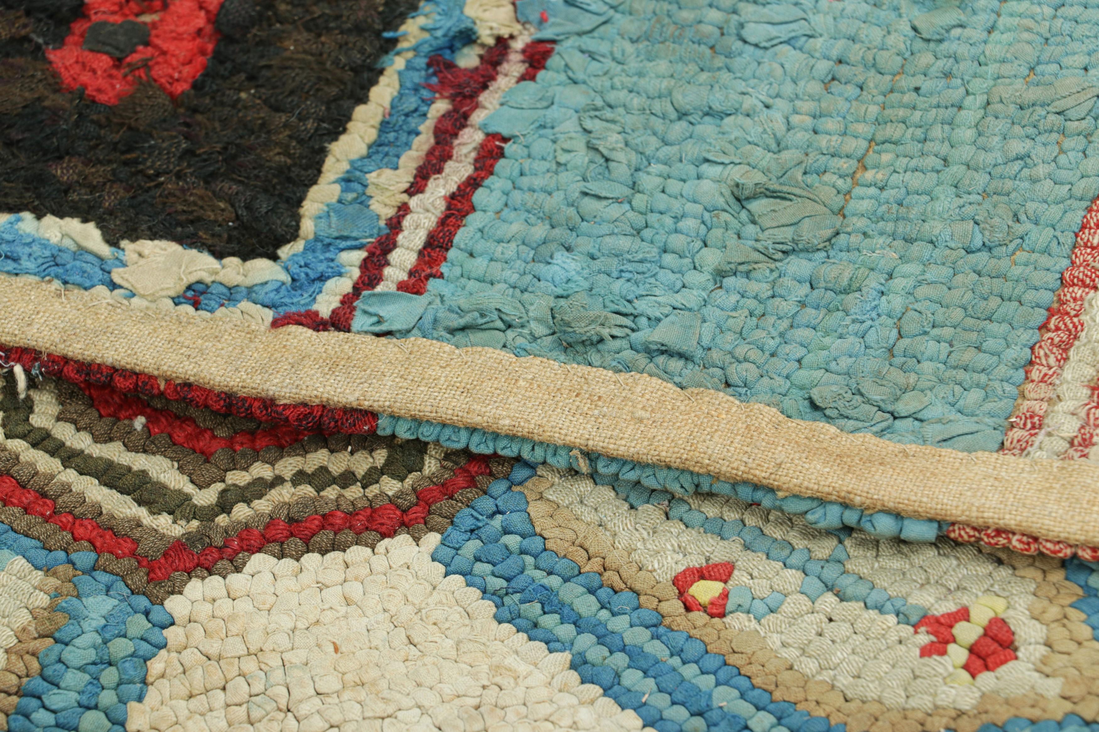 Wool Antique Hooked Runner Rug in Blue with Geometric Medallions  Rug & Kilim