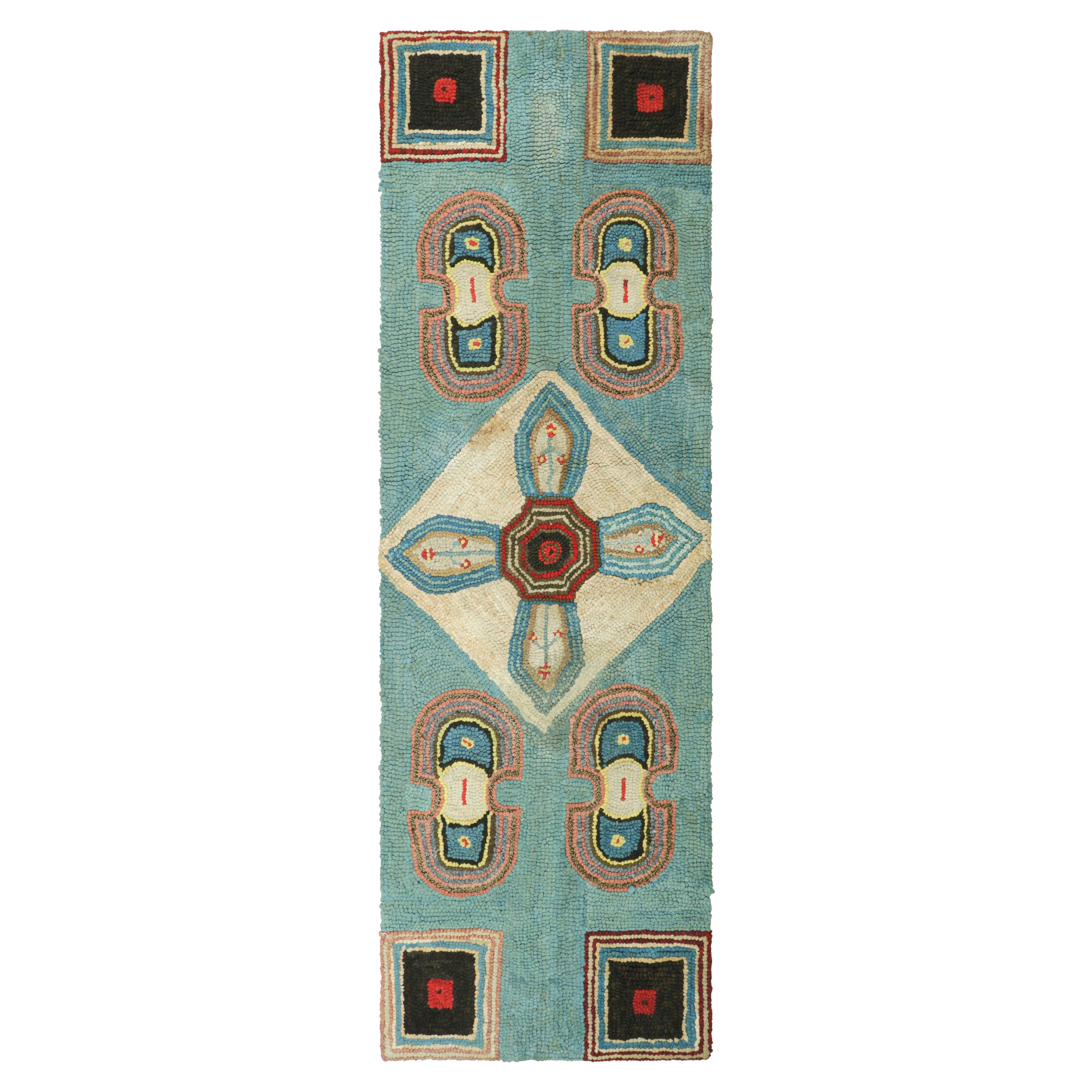 Antique Hooked Runner Rug in Blue with Geometric Medallions  Rug & Kilim For Sale