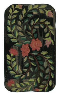 Antique Hooked Runner with Striking Flowers & Vinery in Red & Green -Rug & Kilim