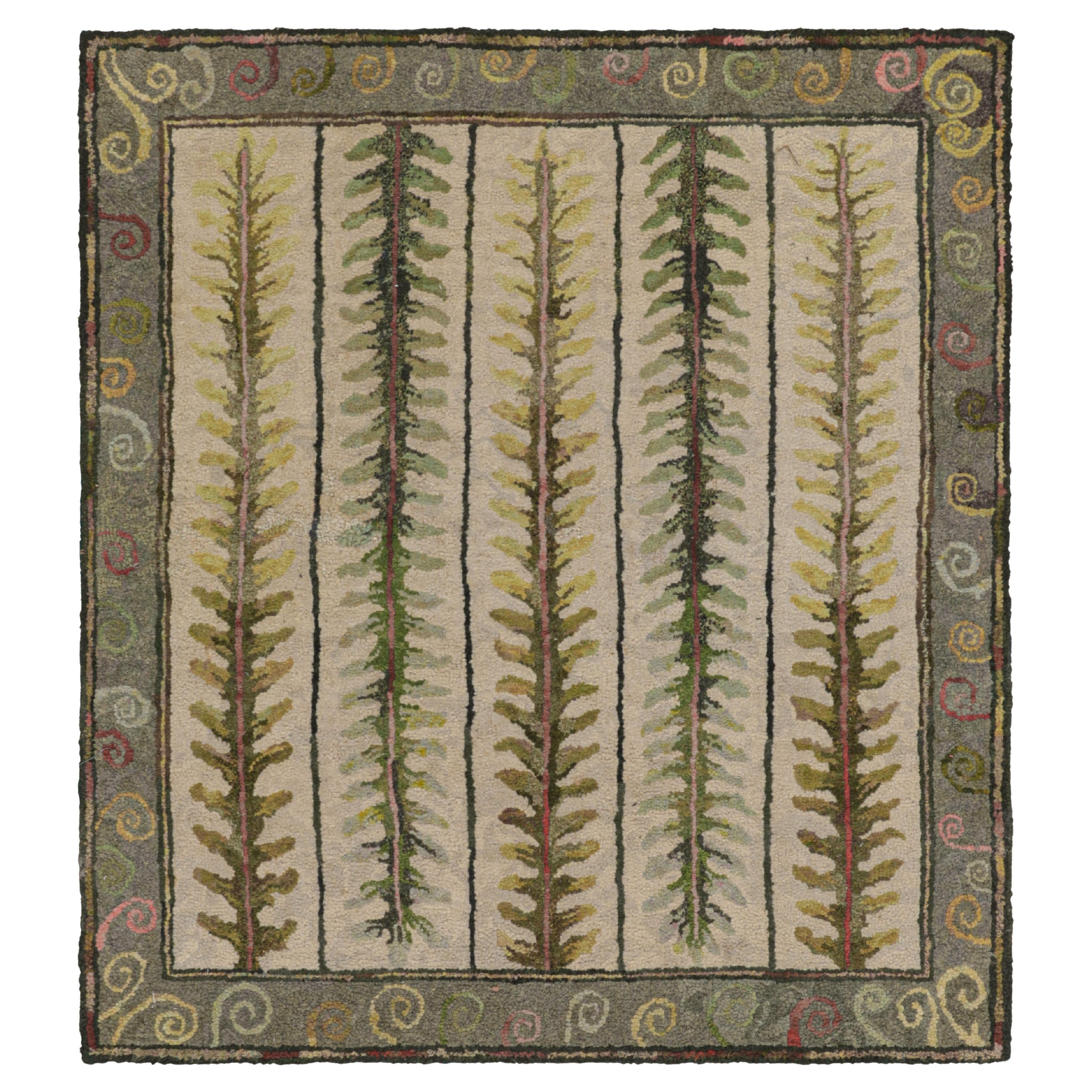 Antique Hooked Square Rug in Beige with Floral Medallion, from Rug & Kilim