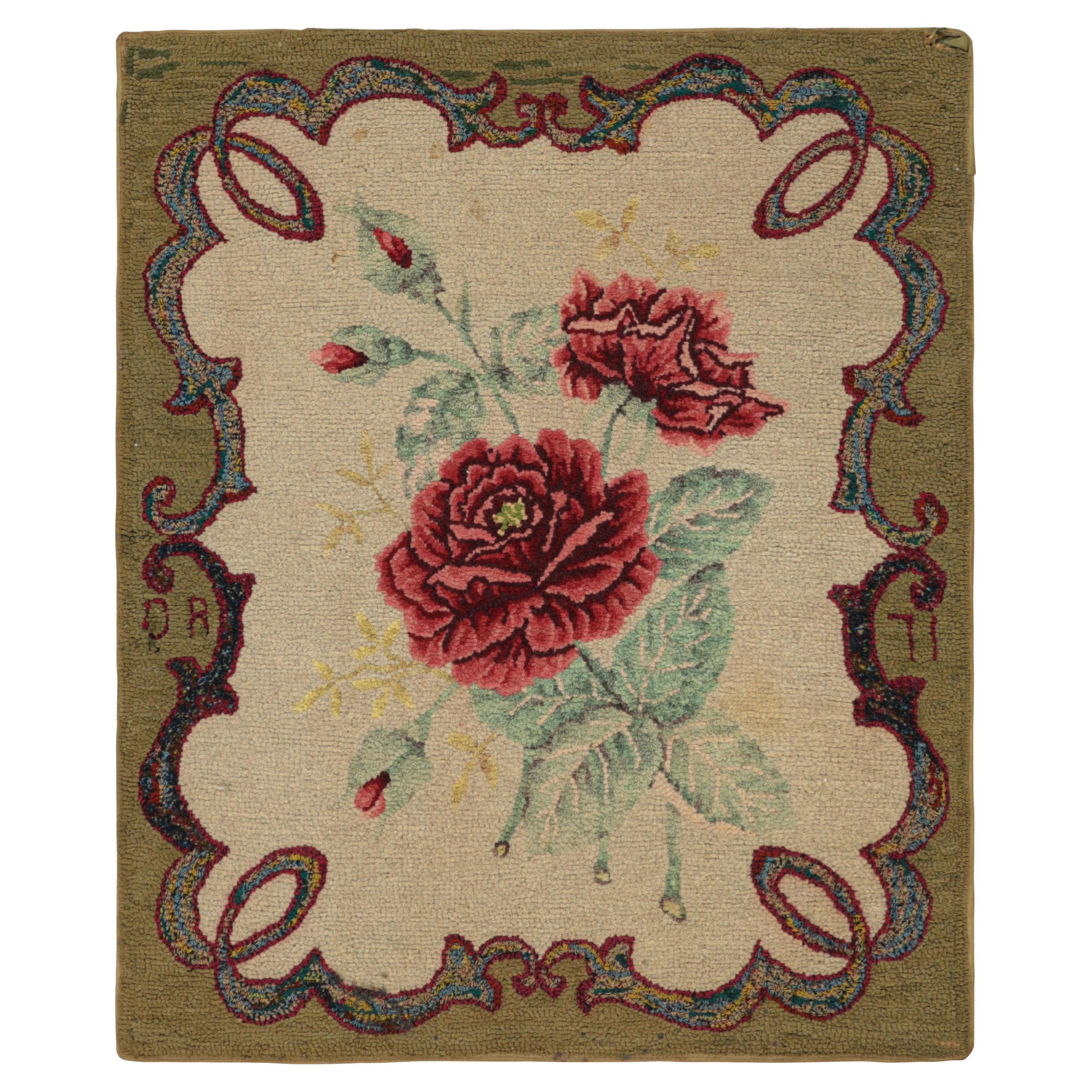 Antique Hooked Square Rug in Beige with Floral Medallion, from Rug & Kilim