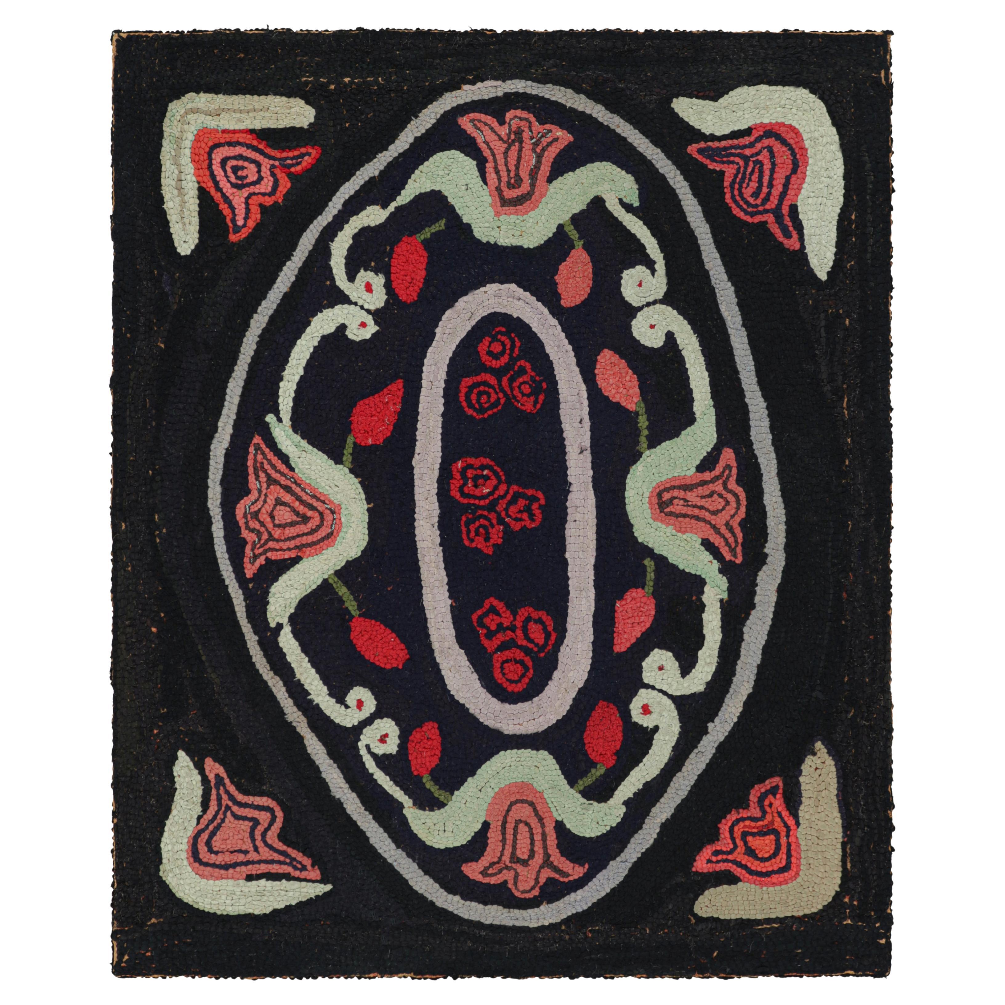 Antique Hooked Square Rug in Black with Medallion and Florals from Rug & Kilim