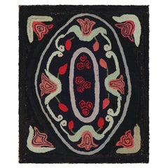 Antique Hooked Square Rug in Black with Medallion and Florals from Rug & Kilim