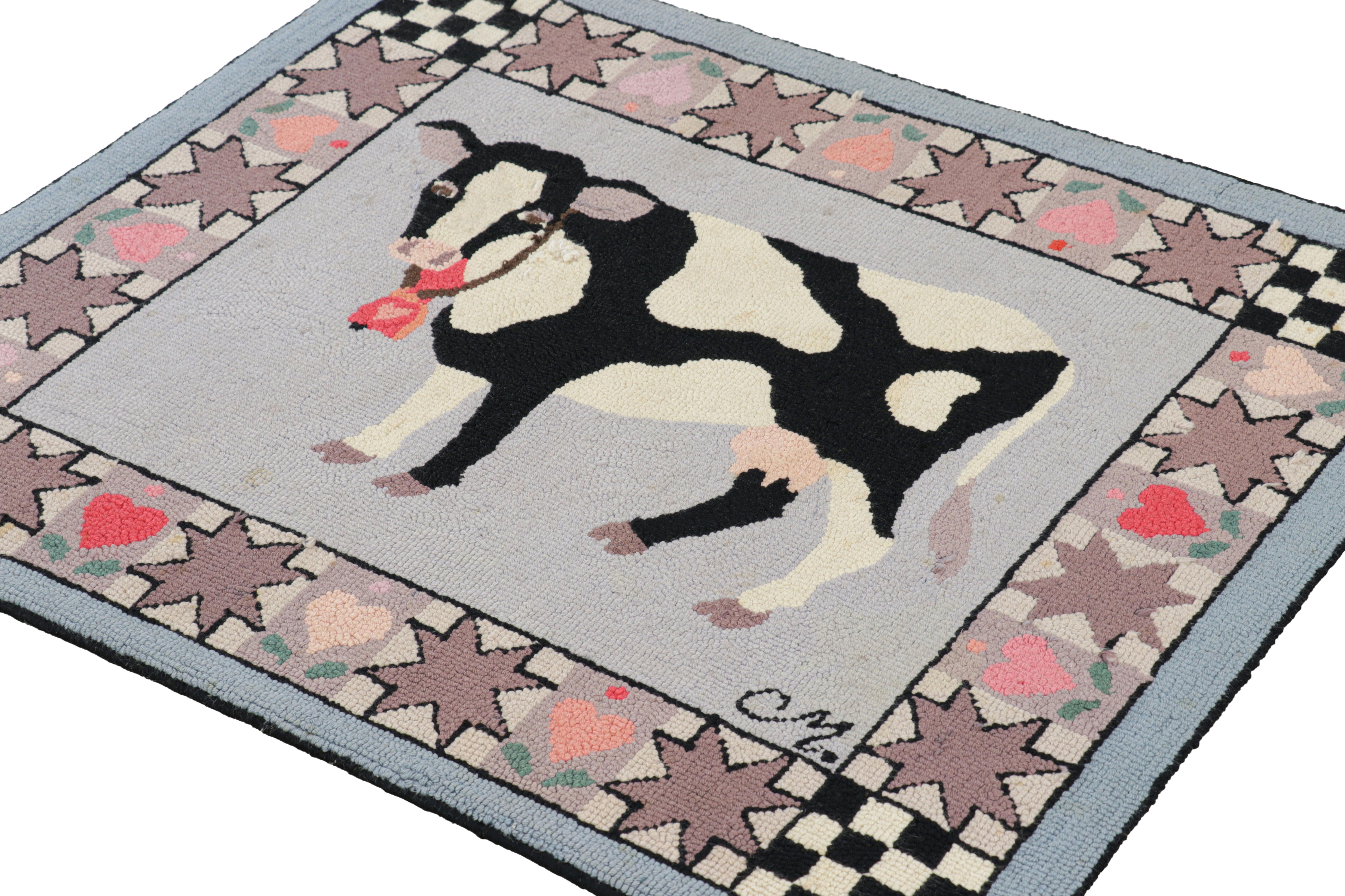 Hand-Knotted Antique Hooked Square Rug with Animal Pictorials & Patterns, from Rug & Kilim For Sale