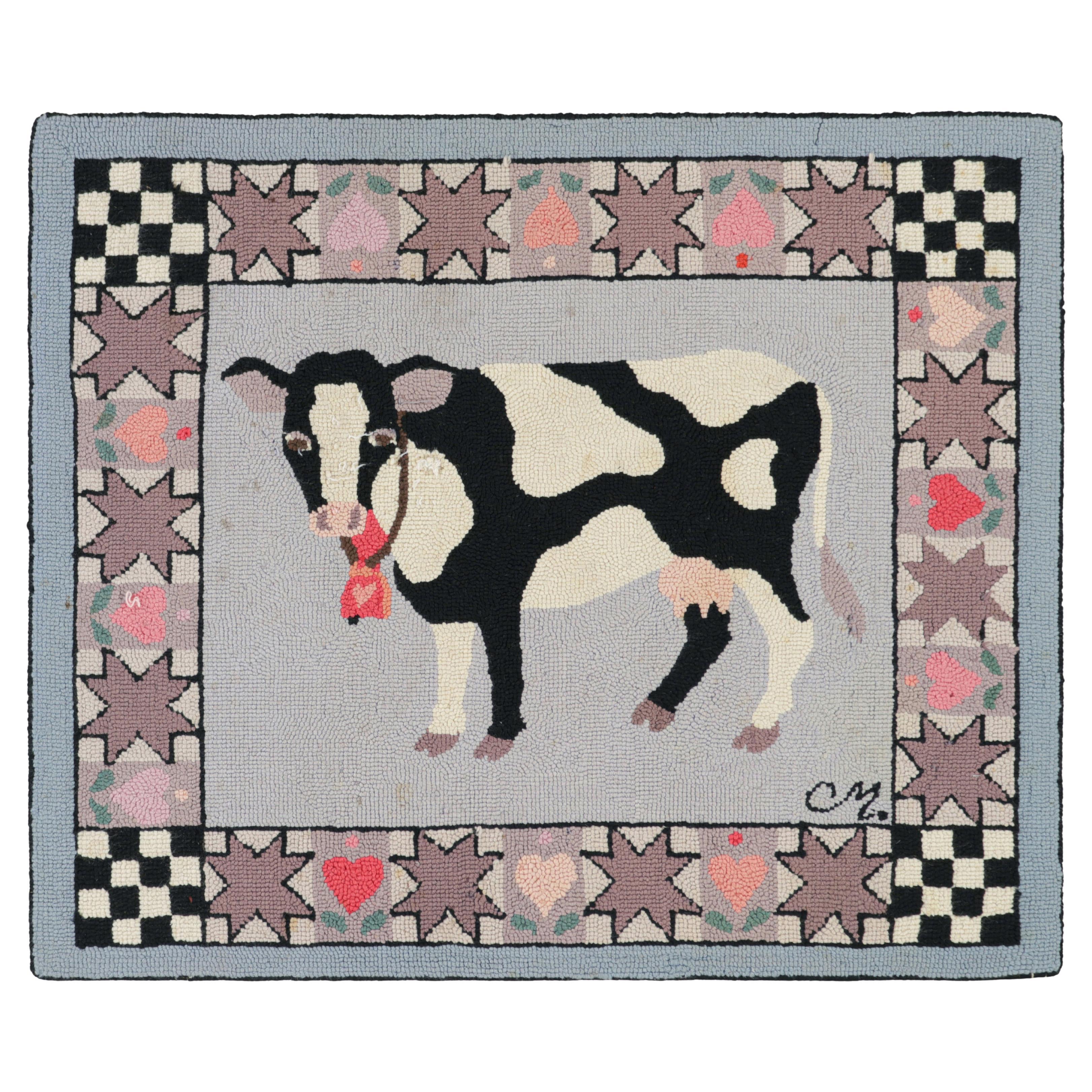 Antique Hooked Square Rug with Animal Pictorials & Patterns, from Rug & Kilim
