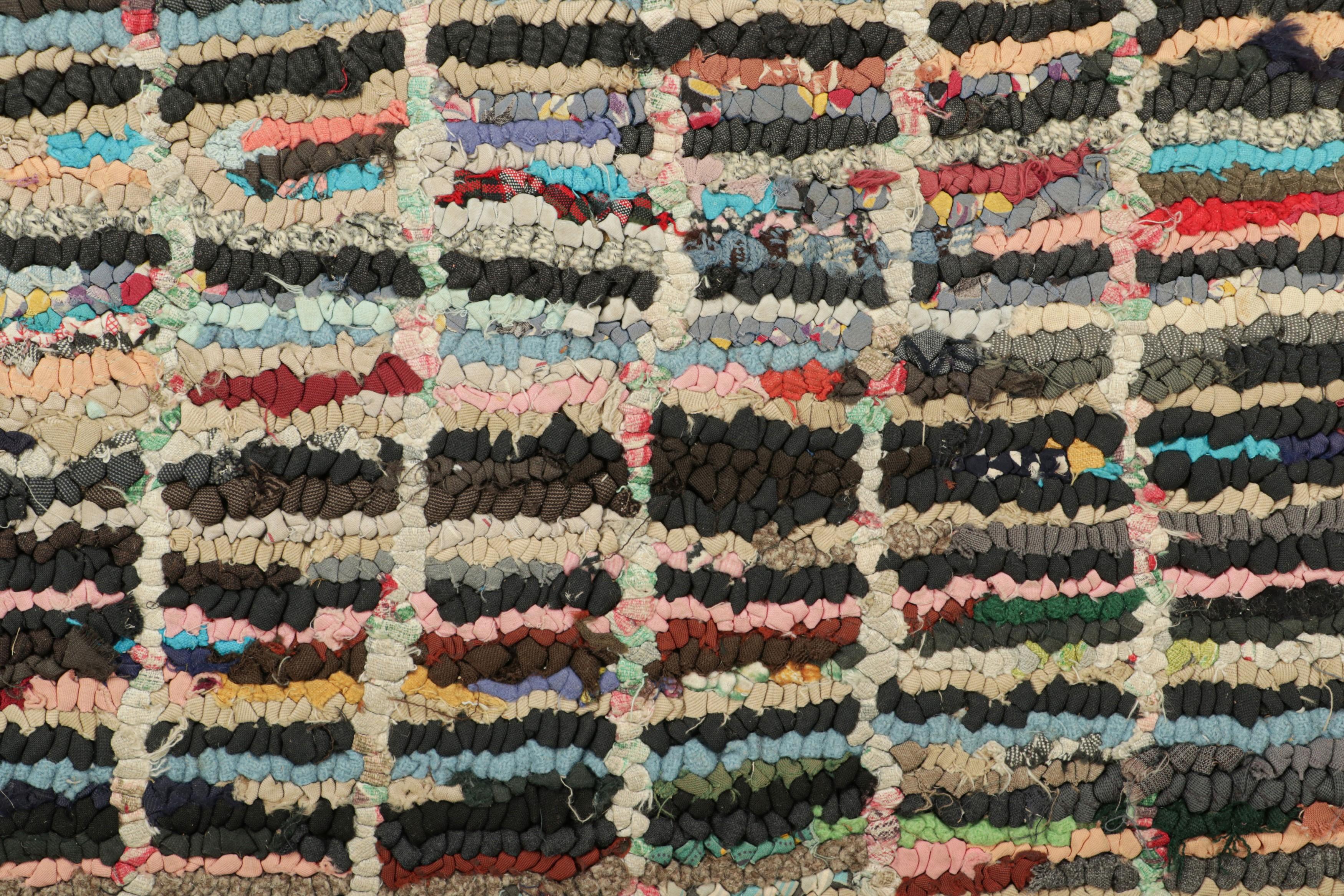 American Antique Hooked Square Rug with Polychromatic Geometric Patterns  Rug & Kilim For Sale