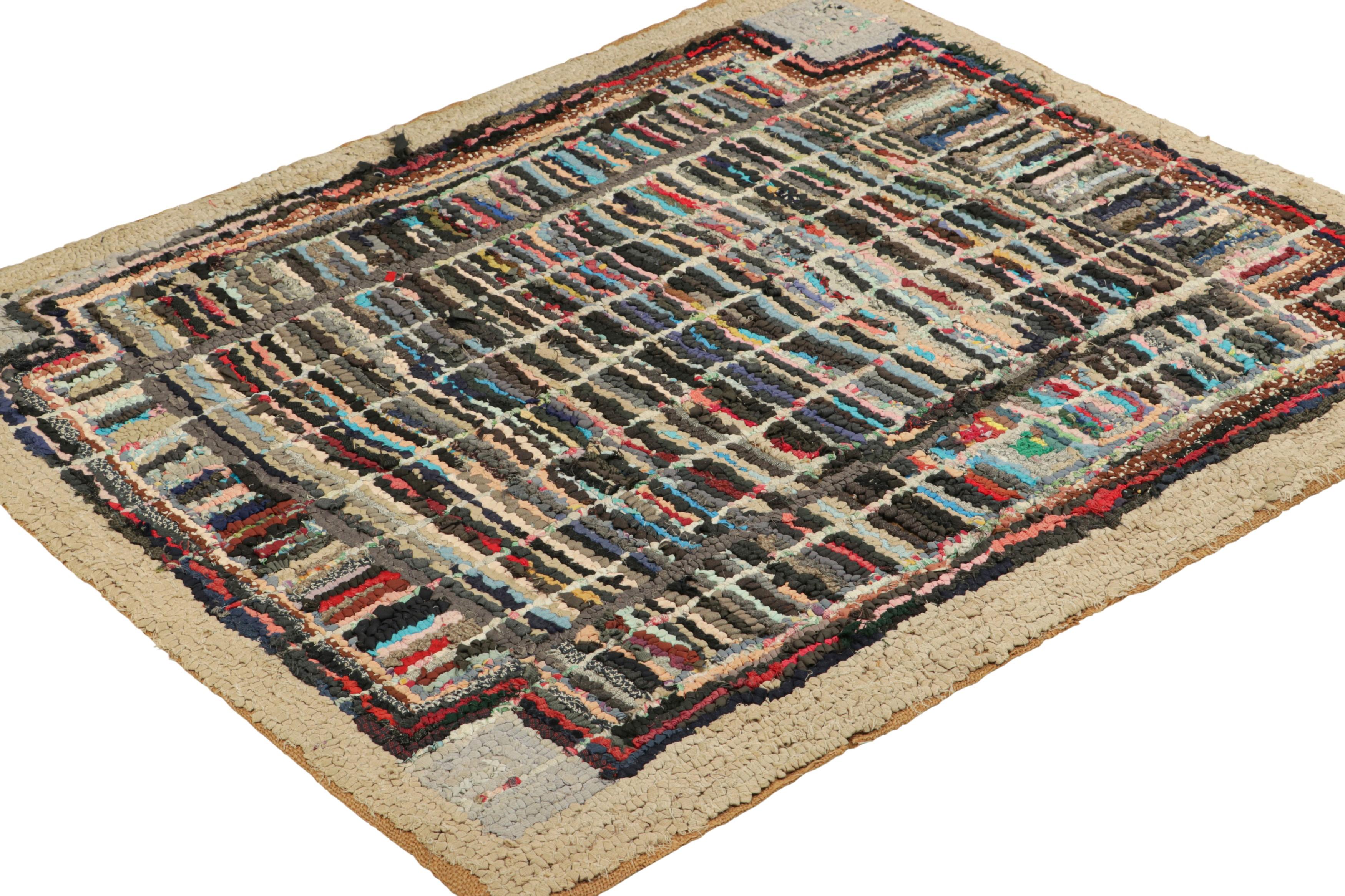 Hand-Knotted Antique Hooked Square Rug with Polychromatic Geometric Patterns  Rug & Kilim For Sale