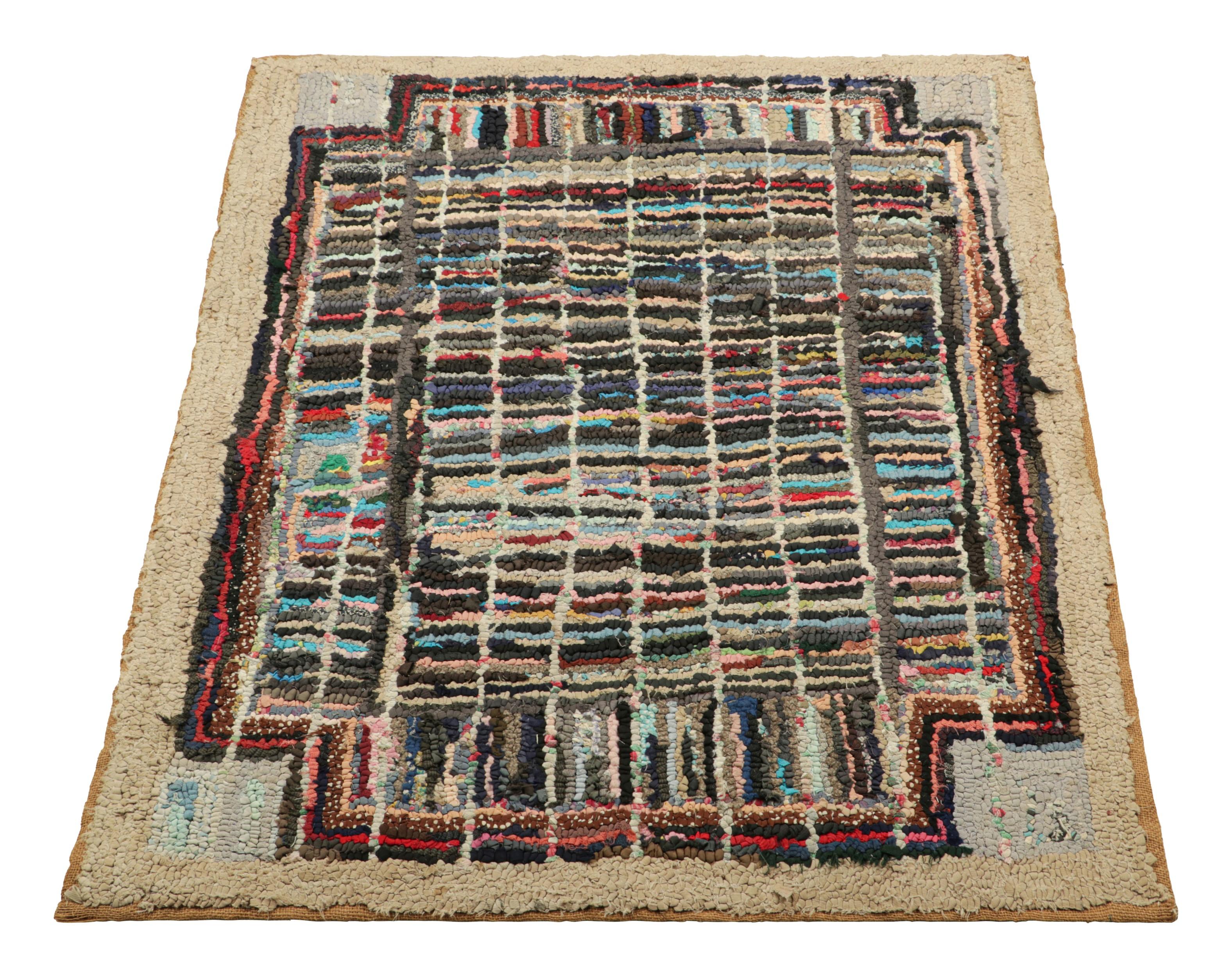 Antique Hooked Square Rug with Polychromatic Geometric Patterns  Rug & Kilim In Good Condition For Sale In Long Island City, NY