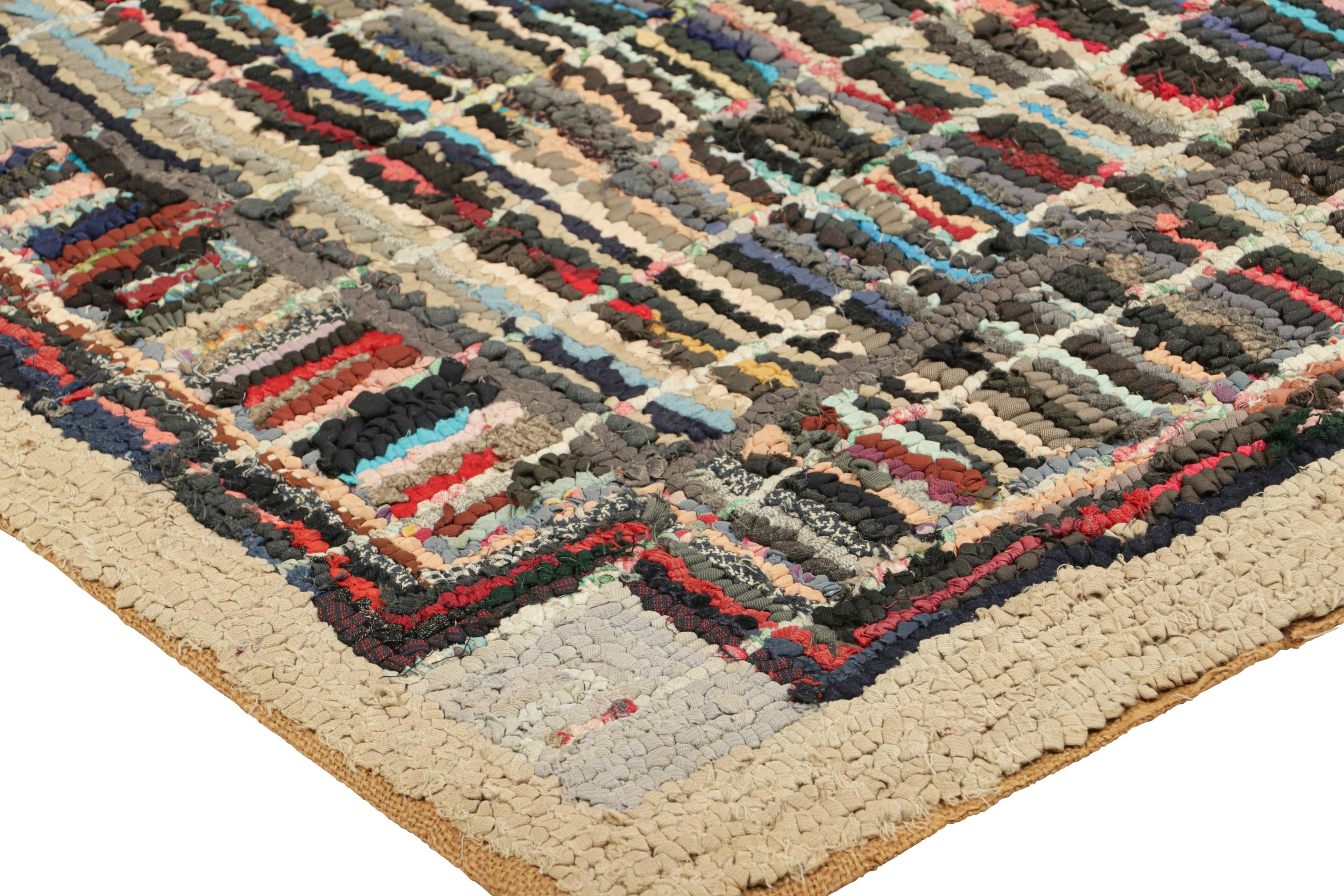 Early 20th Century Antique Hooked Square Rug with Polychromatic Geometric Patterns  Rug & Kilim For Sale