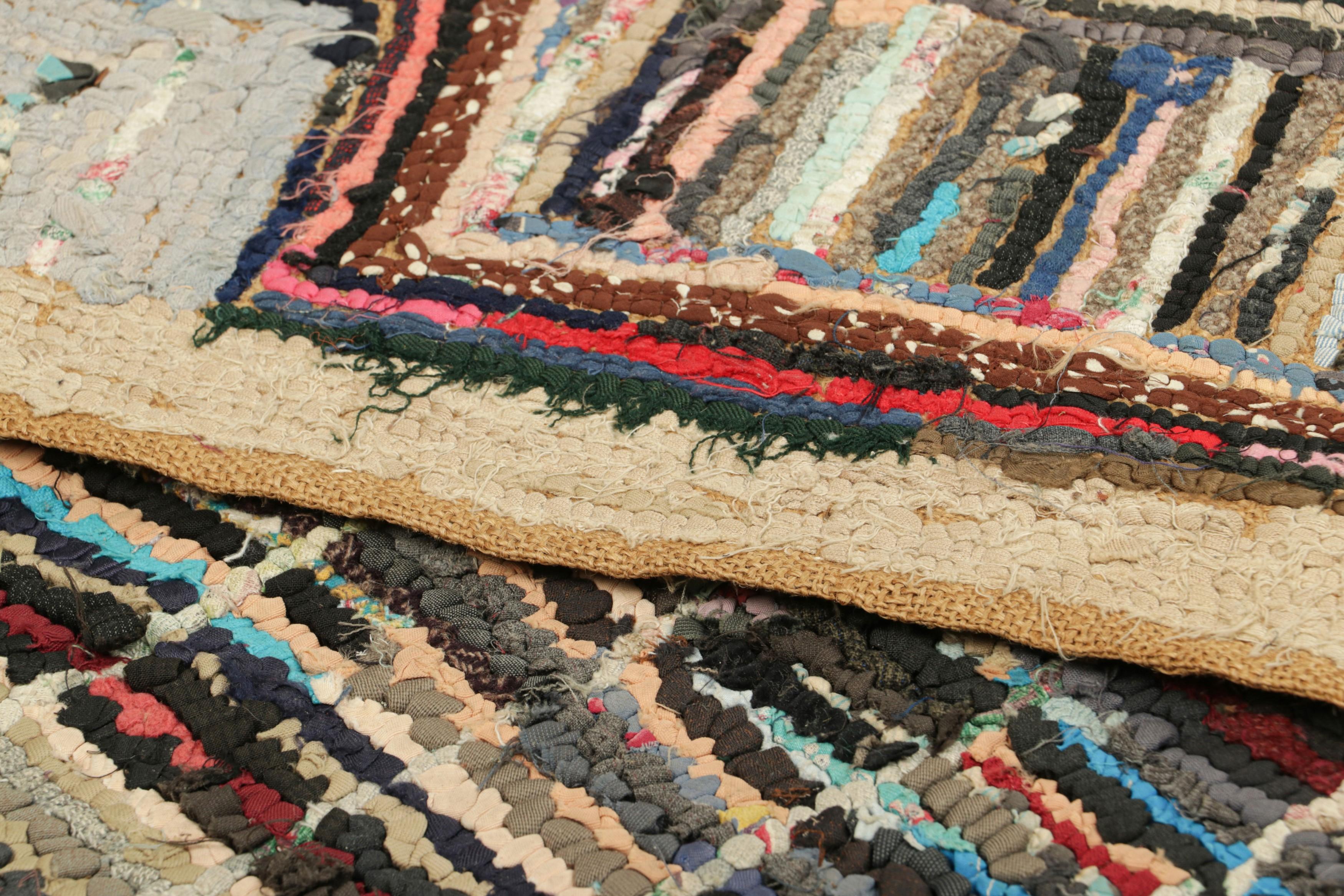 Wool Antique Hooked Square Rug with Polychromatic Geometric Patterns  Rug & Kilim For Sale