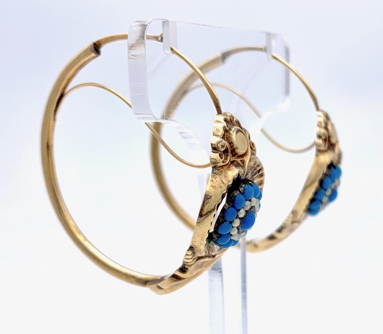 Antique Hoop Earring 14 Yellow Karat Turquoise Pearl Biedermeier In Good Condition For Sale In Munich, Bavaria