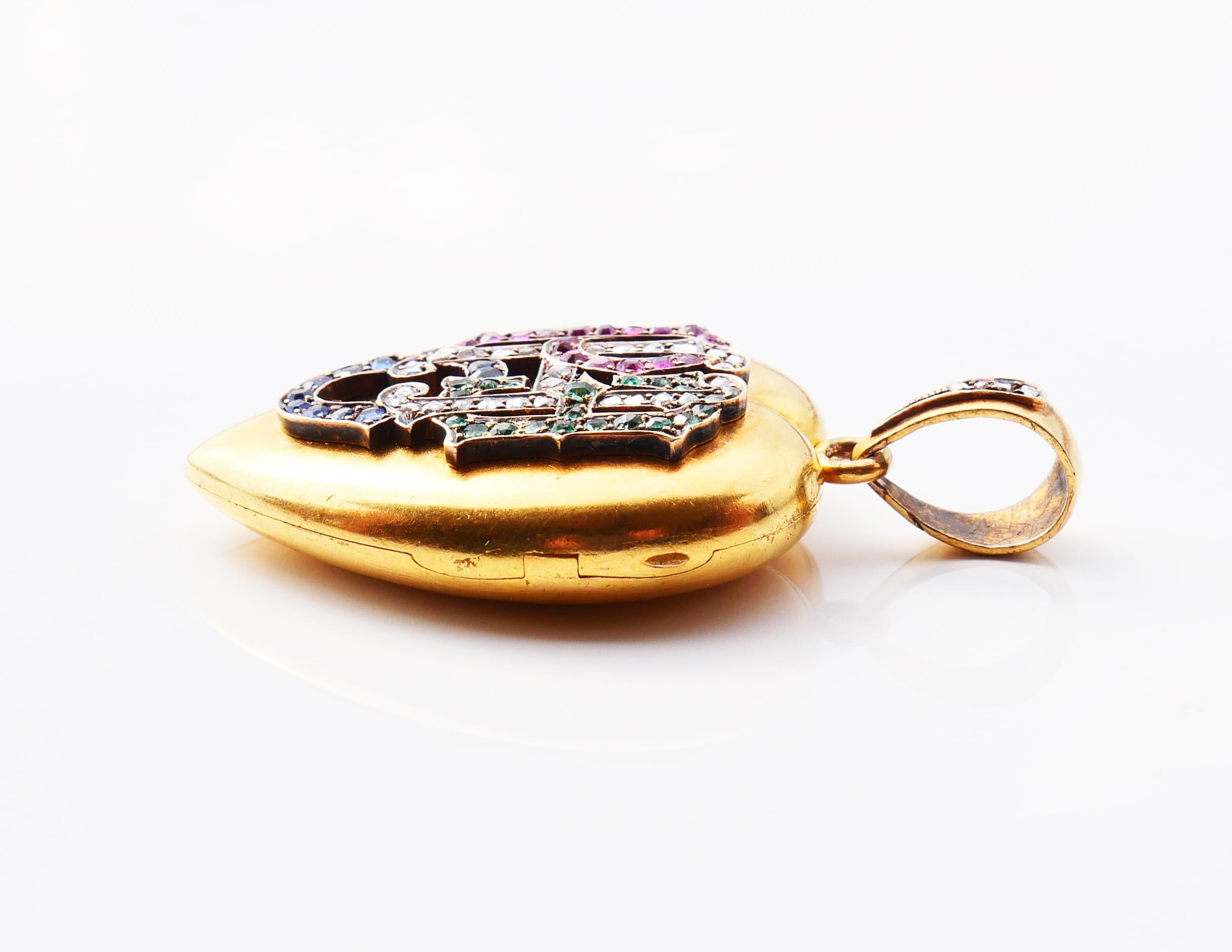 Antikes Hope Love Heart Medaillon-Anhänger 82 Diamant Saphir Rubin Smaragd 14K Gold im Angebot 5