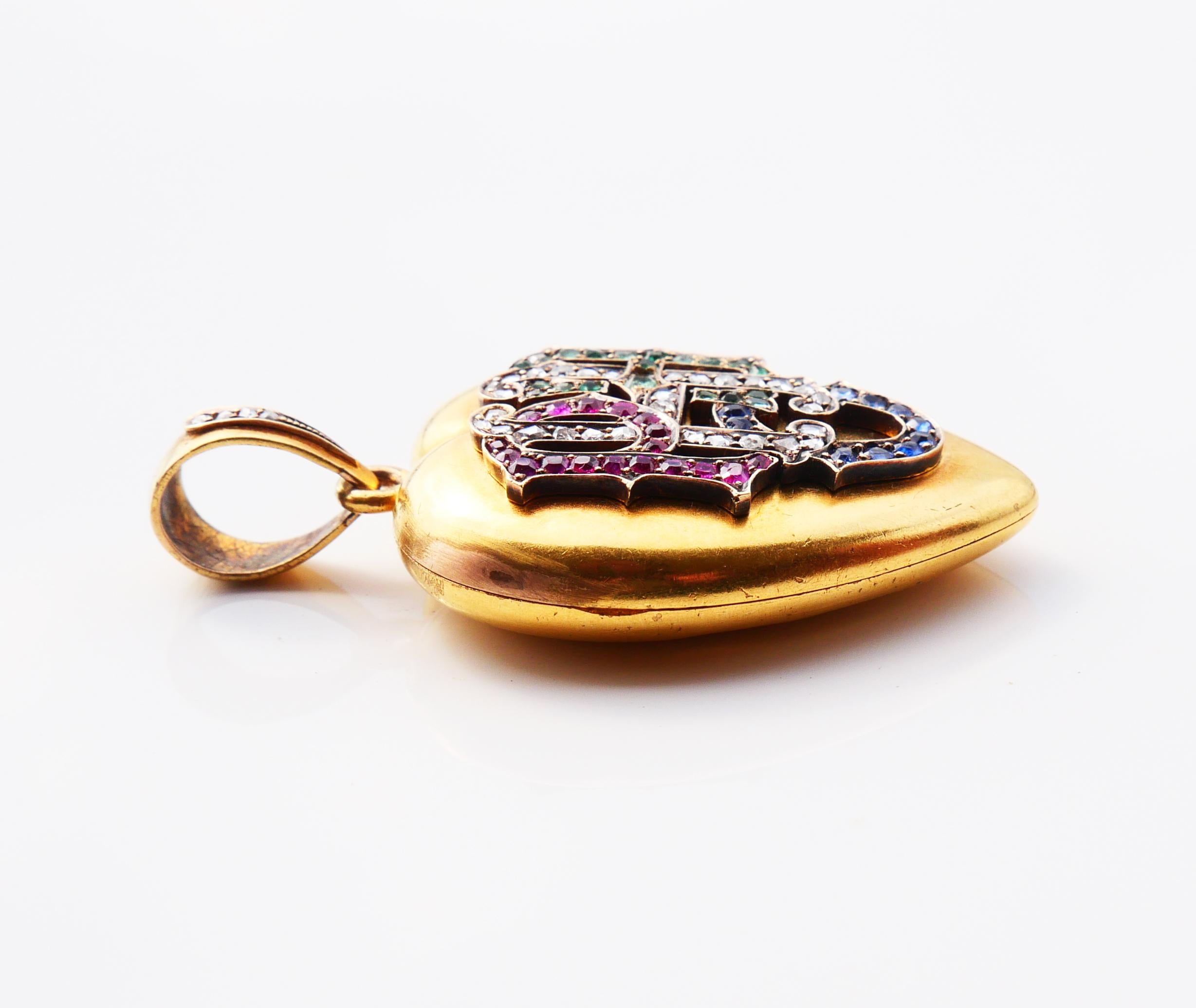 Antique Hope Love Heart Locket Pendant 82 Diamond Sapphire Ruby Emerald 14K Gold For Sale 5