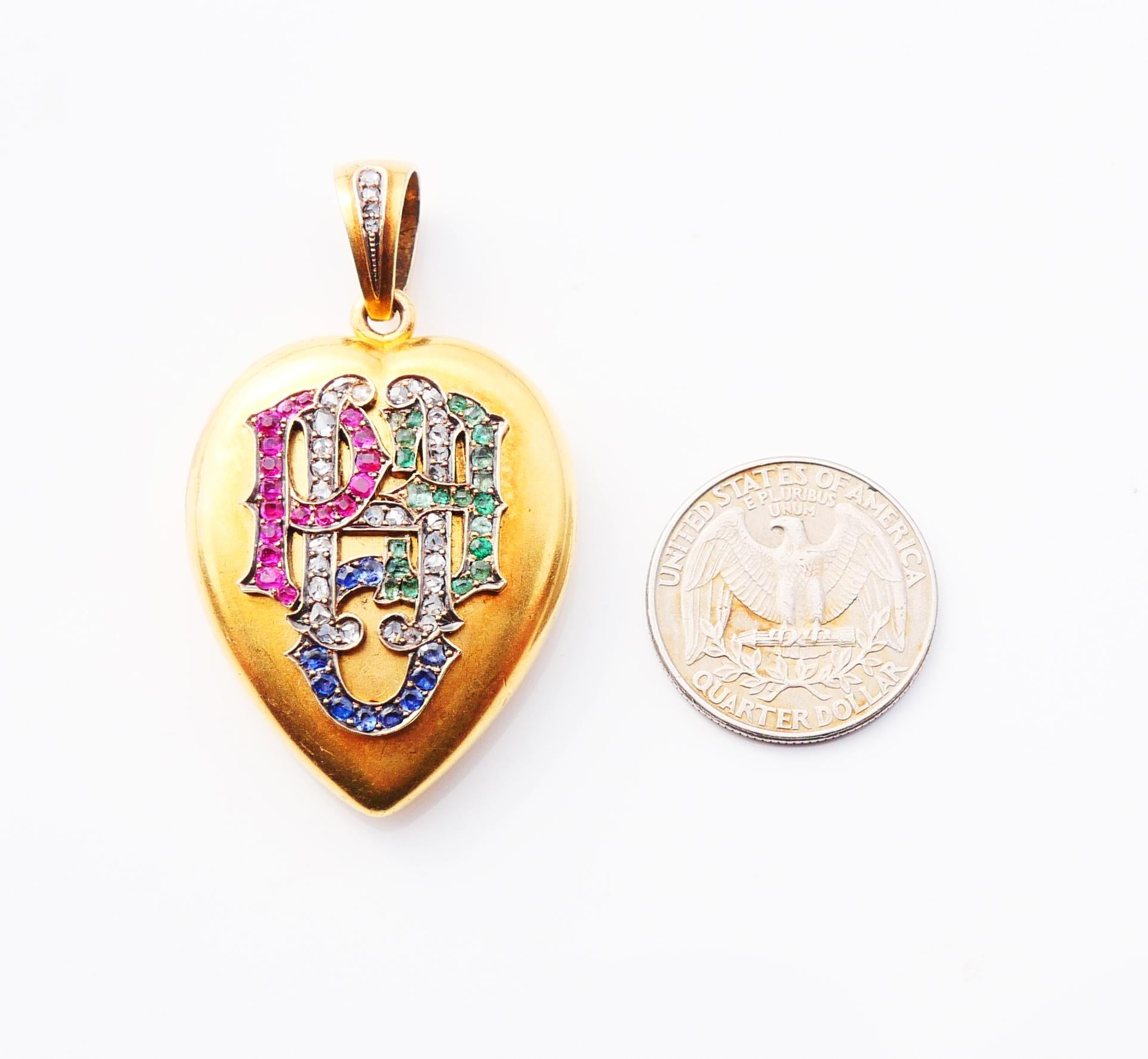Antique Hope Love Heart Locket Pendant 82 Diamond Sapphire Ruby Emerald 14K Gold For Sale 7