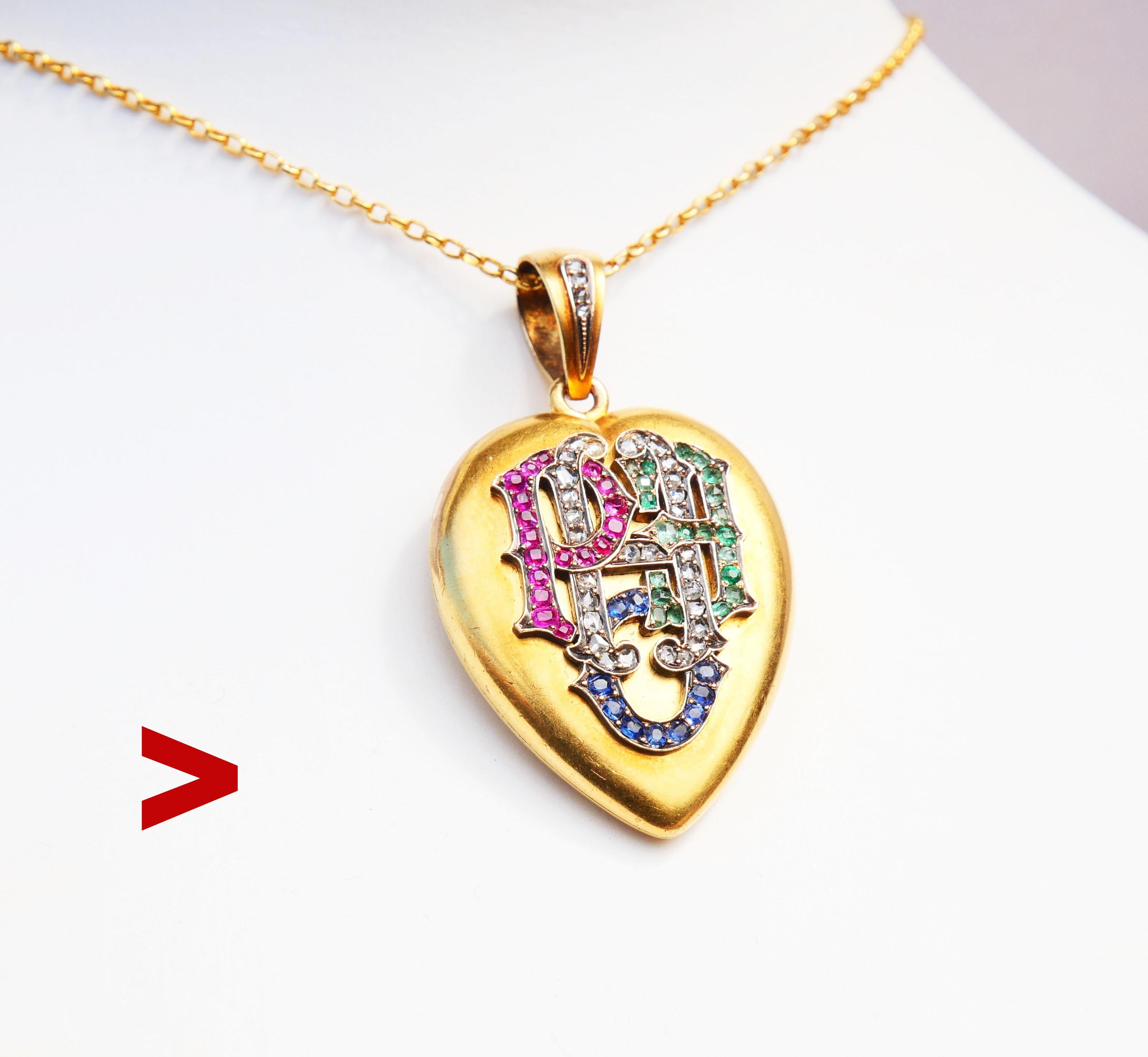 Antique British or American Pendant / Locket in solid 14K Gold , ca. late 19th - early 20th century with openwork raised socket HOPE combination decorated with Diamonds, Sapphires, Rubies and Emeralds. Bail decorated with rose - cut Diamonds. Both