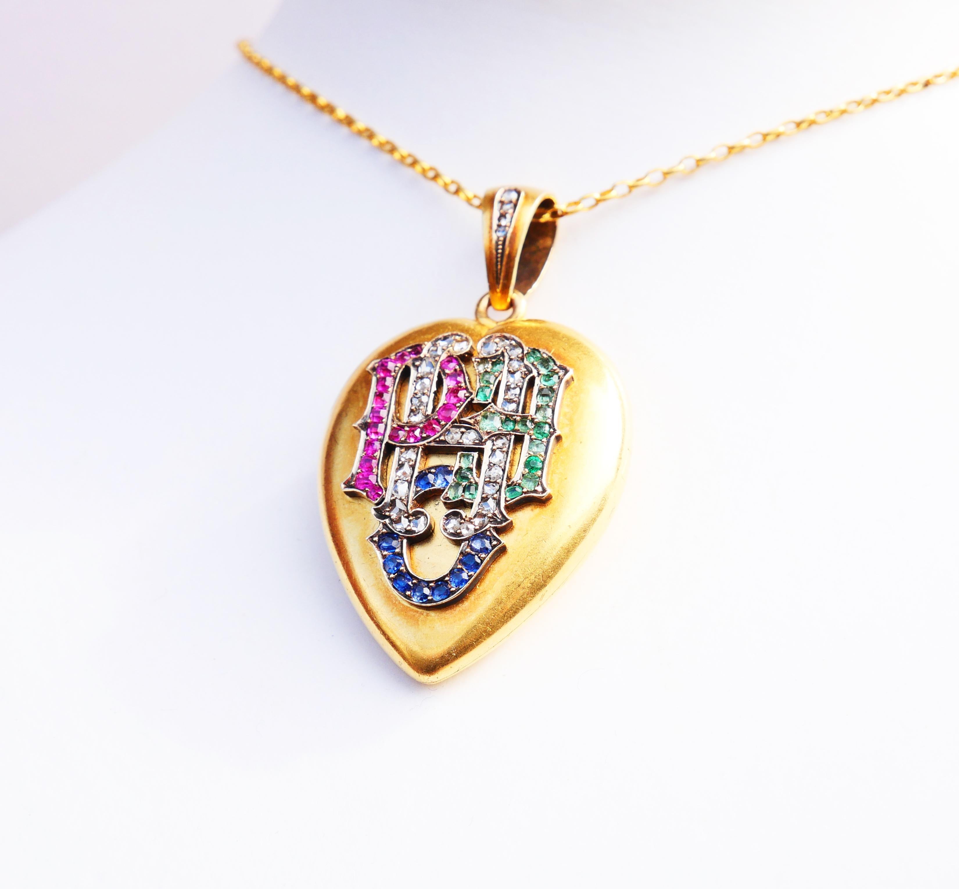Antikes Hope Love Heart Medaillon-Anhänger 82 Diamant Saphir Rubin Smaragd 14K Gold (Alteuropäischer Schliff) im Angebot