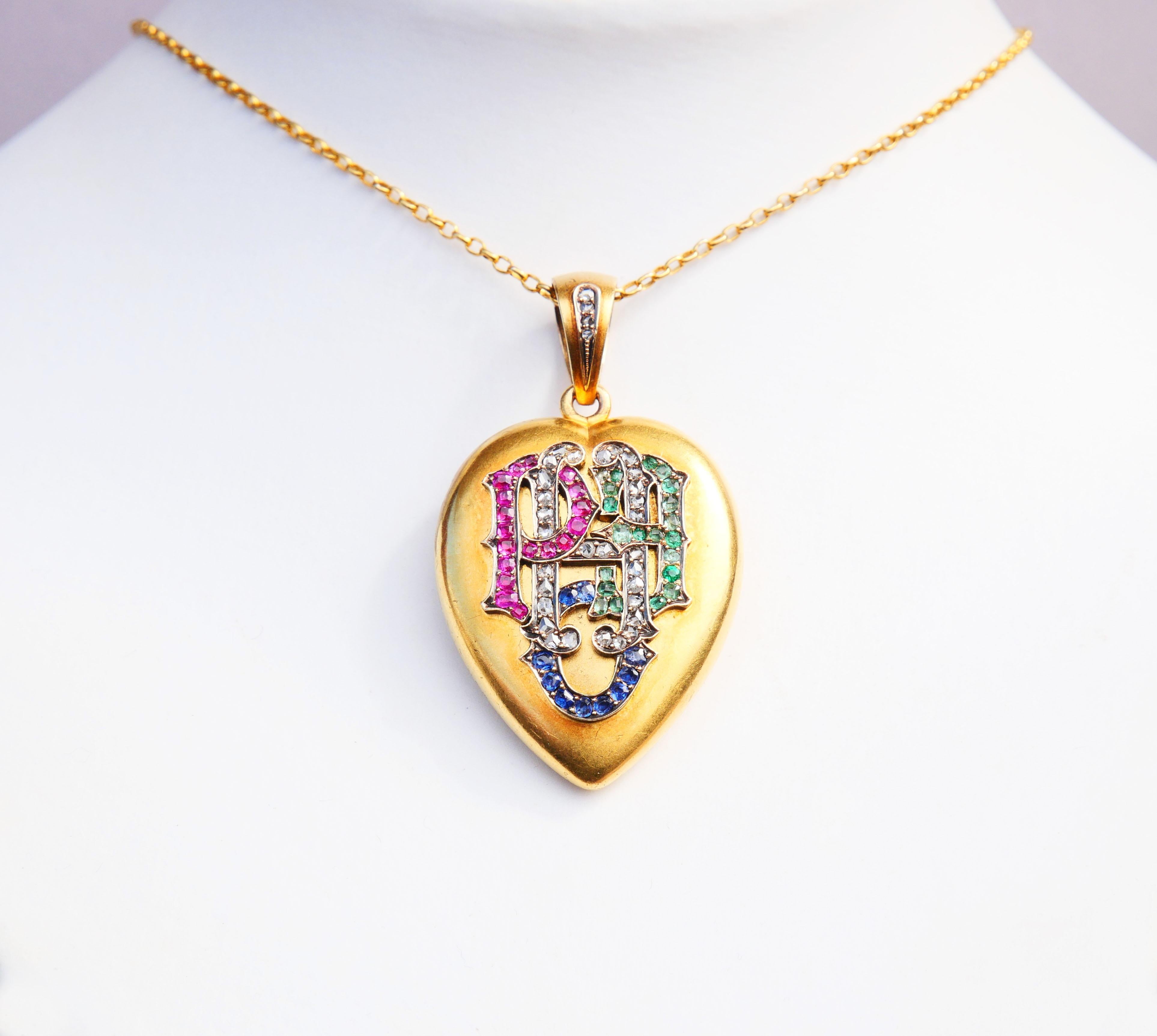 Antikes Hope Love Heart Medaillon-Anhänger 82 Diamant Saphir Rubin Smaragd 14K Gold für Damen oder Herren im Angebot